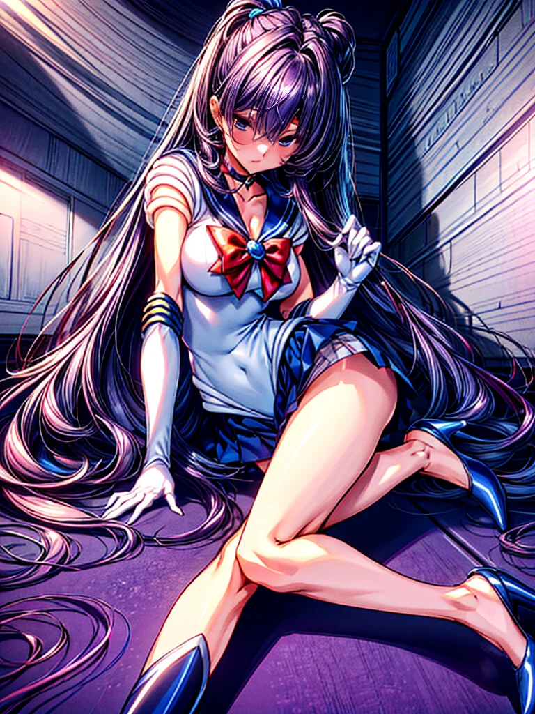 1girl in, ( (digital) ( ), medium breasts, (Sailor Moon Costumes)) , Best Quality, 、Hypnorola
Eyes in the sky、1girl in,Emotionless facial expressions,,(Very long straight hair:1.4)、Purple hair、Purple Absolute Short Mini Skirt、purple sailor collar、elbowgloves、high-heels、Rape Eye、(Detailed interior of the base:1.4)