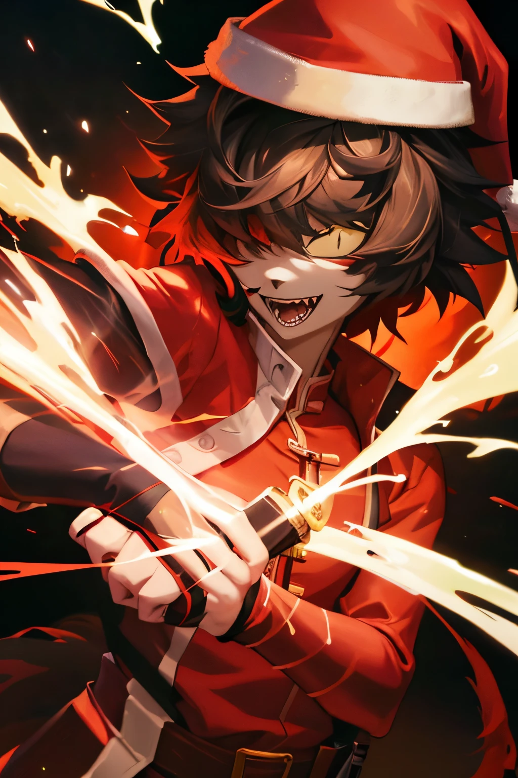 Cartoon character holding knife and red shirt wearing santa hat, demon slayer artstyle, Demon Slayer: Rui fan art, badass anime 8 k, Key anime art, offcial art, Official artwork, epic anime style, Detailed key animation art, Handsome guy in the art of slaying demons, Otaku walks, Anime cute art style, Anime style 4k, Demon Killer