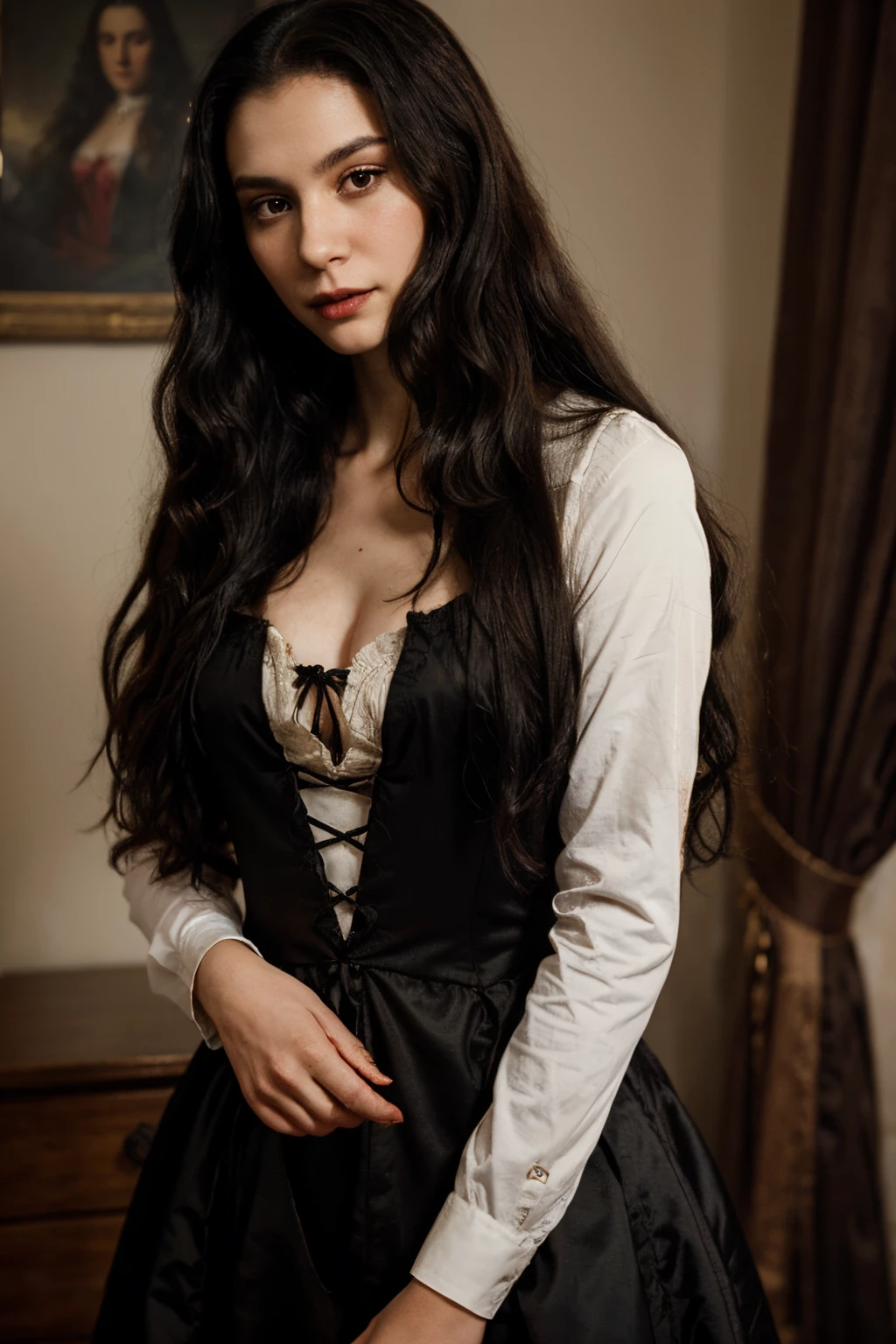 Portrait of a Vampire Woman, Long black curly hair, Dressed as an American colonizer 17th century, Very Young Woman