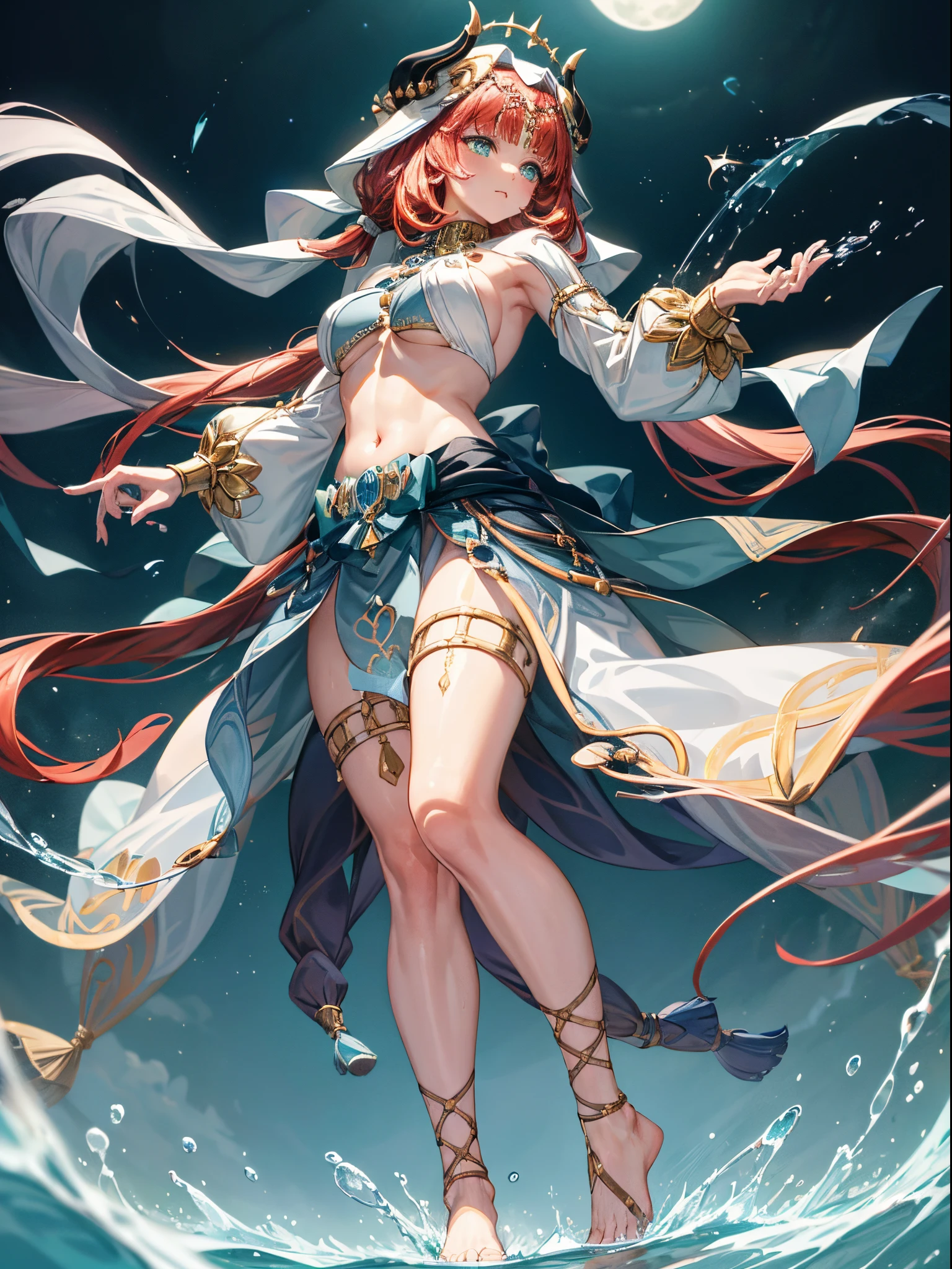 (masterpiece,intricate details),1girl,mature female,touched _face, BREAK nilou, <lora:niloutest:1>, nilou, red hair, twintails, blue eyes, long hair, BREAK blue skirt, bracer, circlet, crop top, dancer, detached sleeves, fake horns, gladiator sandals, gold footwear, gold trim, horns, jewelry, long sleeves, neck ring, puffy long sleeves, puffy sleeves, sandals, skirt, thighlet, thighs, veil, white headwear, white sleeves, white veil| ((lying on the mesmerizing turquoise icebergs of Greenland's Ilulissat Icefjord, a frozen wonderland floating in arctic waters)),((cumulonimbus)),((full body)),from above:1.4,depth of field,looking at viewer,