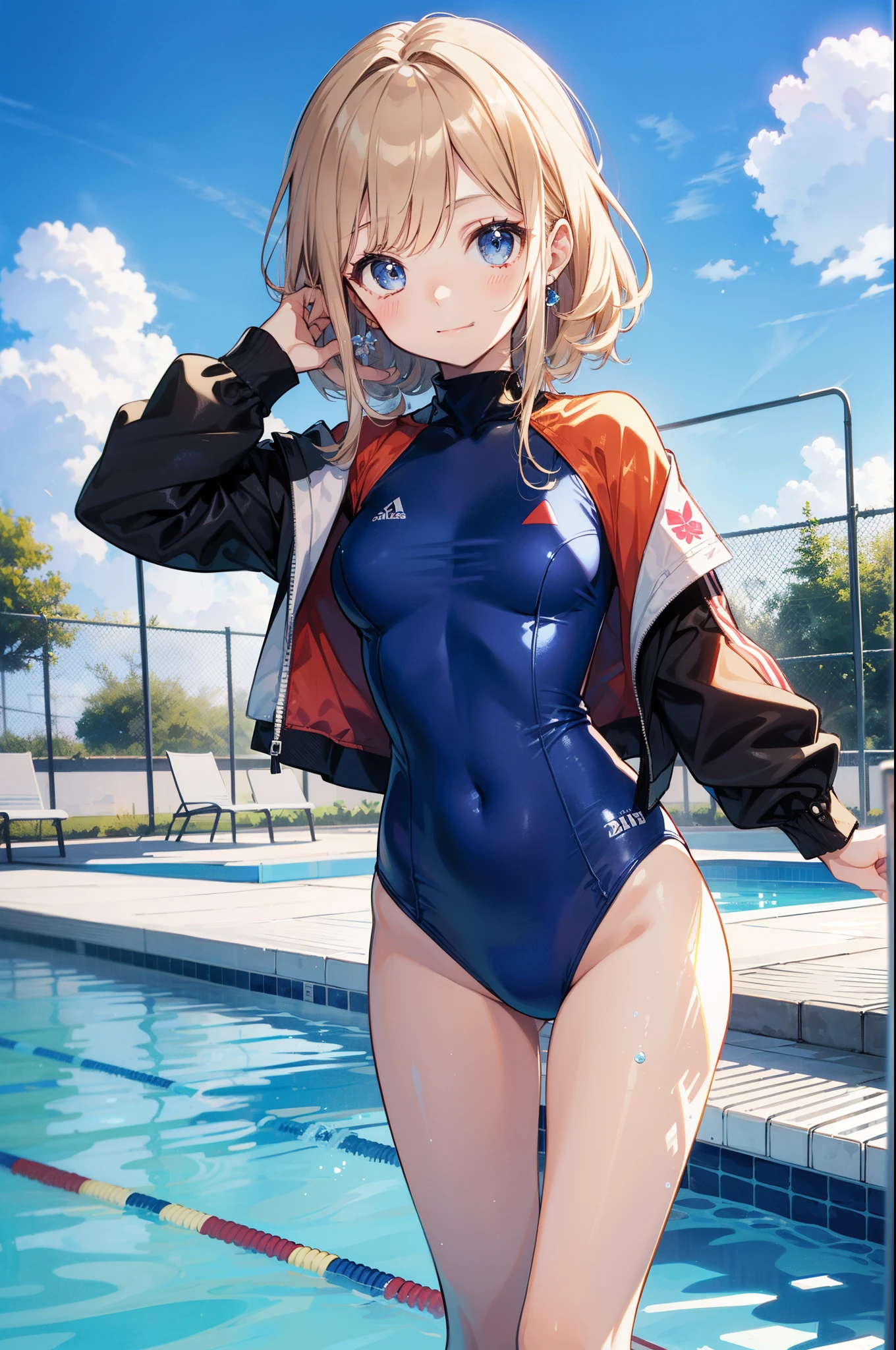 (((2D Beautiful Girl、Beautiful illustration、top-quality、Perfect fingertip、perfect anatomia、Perfect outfit、Beautiful illustration)))、top-quality、cute petit girl、(transform sequence)、((very beautiful swimsuit))、18year old、Slender beautiful girl、Fractal Art、-faceight long hair、beautiful detailed blue eyes、kindly smile、Full Body Display、Royal Palace Pool、(1人)、long-sleeve、Bright and beautiful sunny pool、frilld、Large ribbon