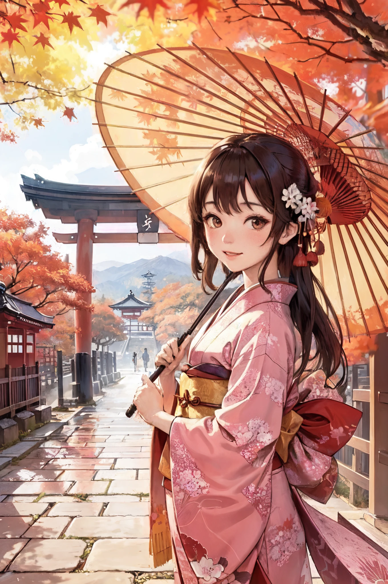 1lady standing, /(colorful kimono/), mature female, /(brown hair/) bangs, blush light smile, (masterpiece best quality:1.2) delicate illustration ultra-detailed BREAK holding a (Japanese umbrella) BREAK /(Japanese shrine in Kyoto/), /(trees autumn foliage/), /(bricks road/)