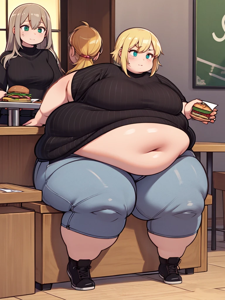 ((highres)), Masterpiece, high quality, best quality, beautiful, perfect lighting, detailed face, ultra cute face, ((2girls)), one girl has blonde hair, blue eyes, crop top and shorts skindentation, one girl has brown hair, green eyes, jeans, white shirt, thighs clothes, full body, fast food restaurant, medium breasts, perky breasts, cleavage, ((wide hips)), ((thick thighs)), thicc, ass, ((chubby)), fat belly, fat folds, fat arms, thick thighs, fat body, sitting at table, (fat belly grab)