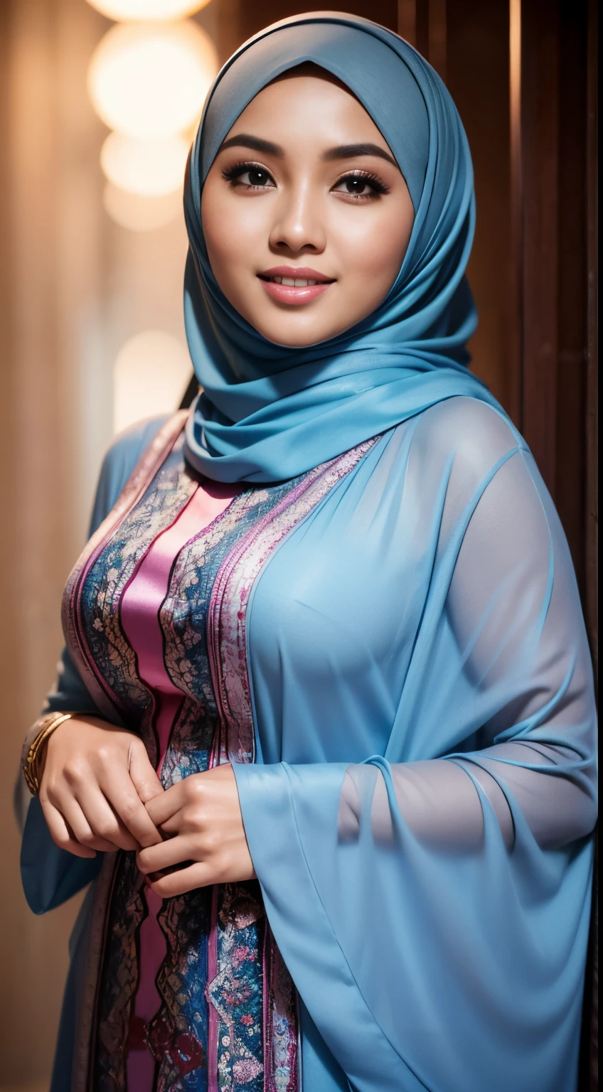 RAW, Best quality, high resolution, masterpiece: 1.3), beautiful Malay woman in hijab (iu:0.8)1beautiful  Malay woman in hijab wearing modern youth Muslim clothing,big breast, modern muslim fashion, flowing shawl, portrait photography, mid shot photo, ultra detail, professional photo with professional lighting, smile, random background, s