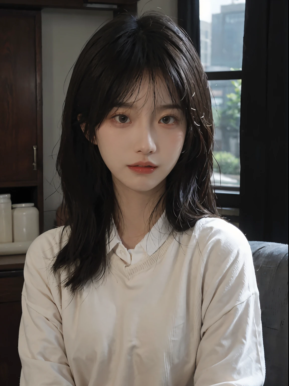 best qualtiy, Ultra-high resolution, (realisticlying:1.4),Baoyu Girl,1girll, Long straight hair,Looking into the distance,Cropped red sweater,a sense of atmosphere,Beautiful woman with a slim figure:1.4, abs:1.1,,Ultra-fine face,Elaborate Eyes,double eyelid,choker necklace