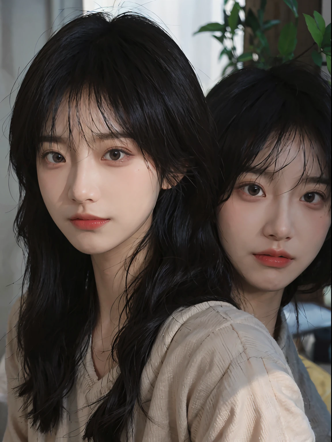 Best quality, 超高分辨率, (realistically:1.4), A woman with long black hair and a gray sweater, mid view, JK school uniform,under a ray of sunshine,She has black hair,through bangs, young lovely Korean faces, Cute Korean face, Urzans, Shin Jinying, beautiful aesthetic face, Korean facial features, Played by Liu Li Zhien ,beautiful realistic face