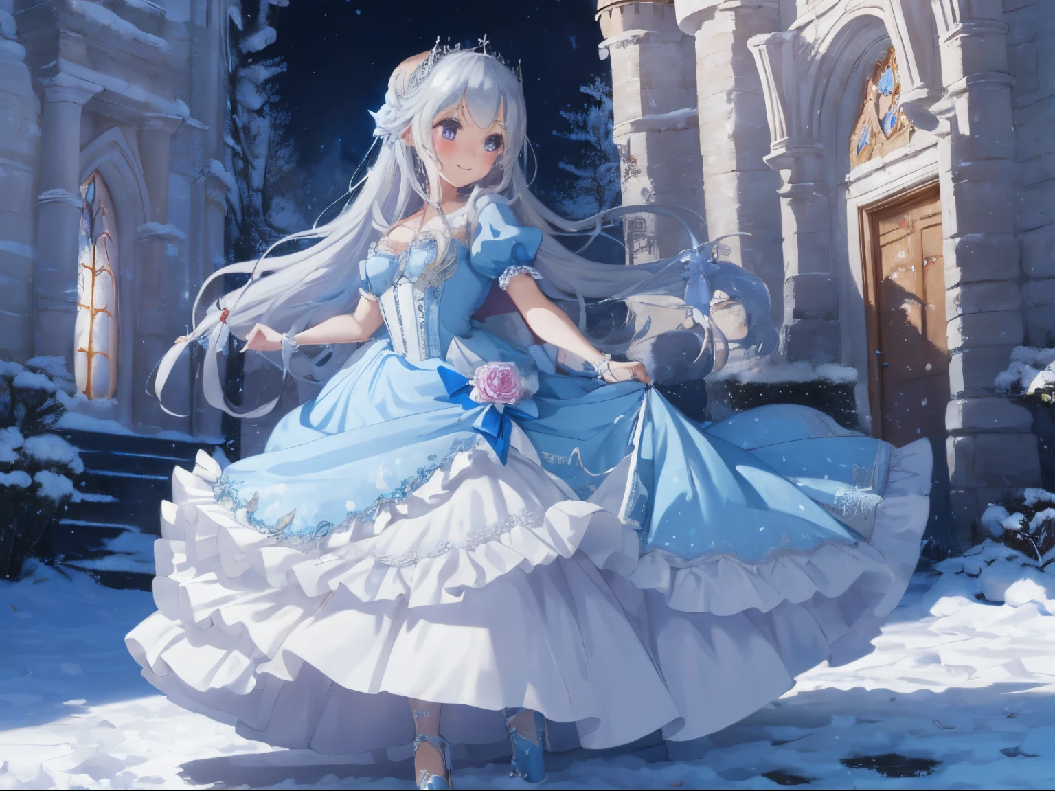 World of Fairyland,A world of dreams and wonder,A sky full of fantastic light,silver and blue mixed hair,Carriage made of pumpkin,snow-white, A gorgeous dress that shines in the moonlight.,A voluminous dress with plenty of frills,Cinderella,Glass shoes,Rose flowers shining in blue and silver,A white castle shining in the distance,Slight red tide,gently smiling,dance while holding the hem of the dress,