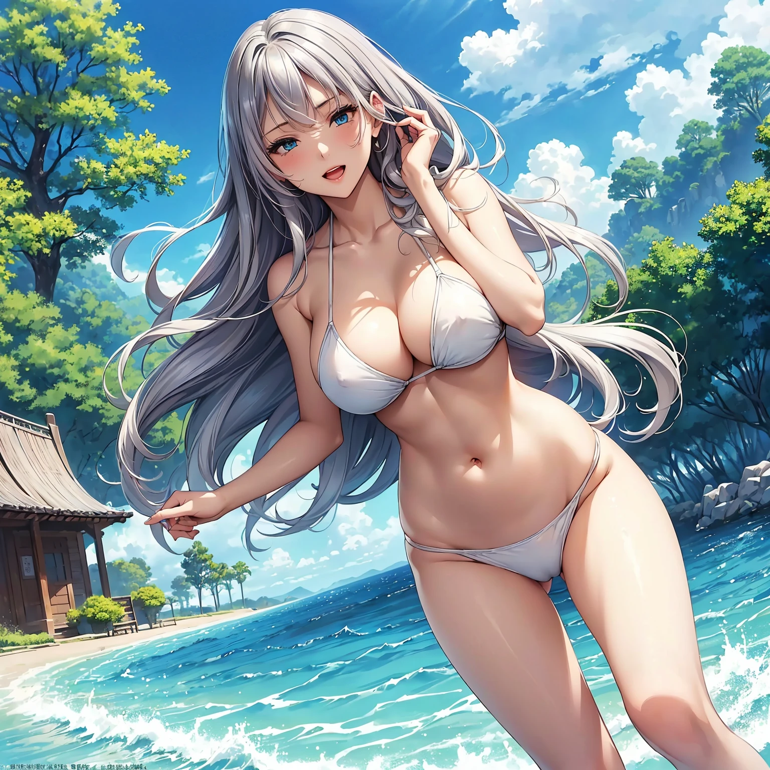 (top-quality、masterpiece、very high res、An ultra-high picture quality、High quality pixels)、(She is an extremely beautiful woman、And she is 18 years old、1 person、Single、独奏:1.5)、(She is a very beautiful woman with a beautiful face)、(Beautiful face written in detail,Beautiful body,Eyes with a strong will,Beautiful eyes,beautiful silver hair,Beautiful skin texture)、(Beautiful hair quality,Variety of hairstyles)、(Slender body and beautiful breasts)、(Lovely smile,Open mouth)、(Wearing a bikini swimsuit,String bikini,patterned bikini,Outdoor pool,Beautiful blue sky),(model poses,modelshoot,Magazine shooting,Hair flutters under the influence of the wind),The wind is blowing、Beautiful Art Style,an animated character、(The whole picture、Detailed picture、accurate anatomy、Defect-free images、extremely detailed picture、Accurate images、image perfect)、(Best Shot Photo 1.2)