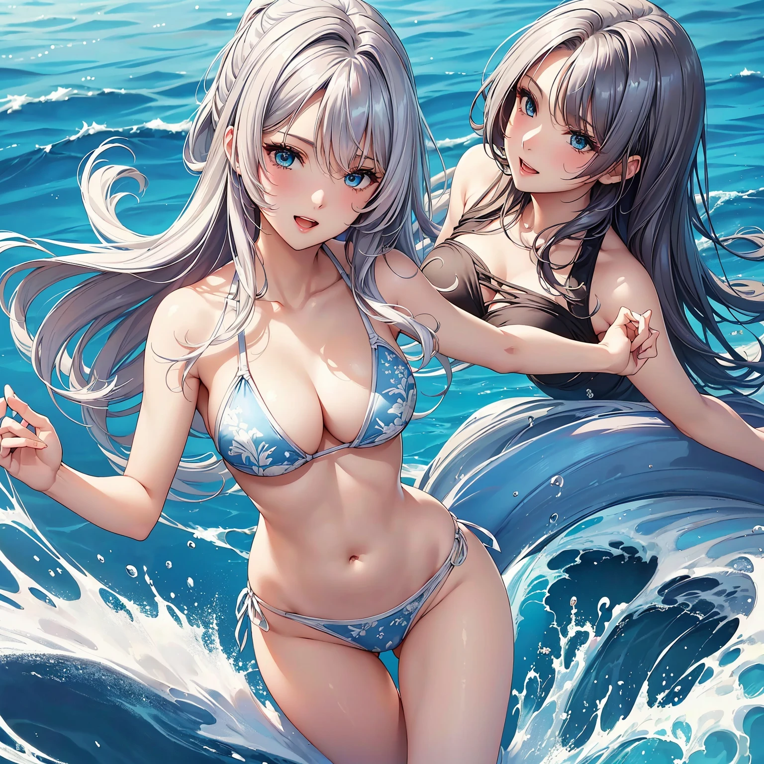 (top-quality、masterpiece、very high res、An ultra-high picture quality、High quality pixels)、(She is an extremely beautiful woman、And she is 18 years old、1 person、Single、独奏:1.5)、(She is a very beautiful woman with a beautiful face)、(Beautiful face written in detail,Beautiful body,Eyes with a strong will,Beautiful eyes,beautiful silver hair,Beautiful skin texture)、(Beautiful hair quality,Variety of hairstyles)、(Slender body and beautiful breasts)、(Lovely smile,Open mouth)、(Wearing a bikini swimsuit,String bikini,patterned bikini,Outdoor pool,Beautiful blue sky),(model poses,modelshoot,Magazine shooting,Hair flutters under the influence of the wind),The wind is blowing、Beautiful Art Style,an animated character、(The whole picture、Detailed picture、accurate anatomy、Defect-free images、extremely detailed picture、Accurate images、image perfect)、(Best Shot Photo 1.2)