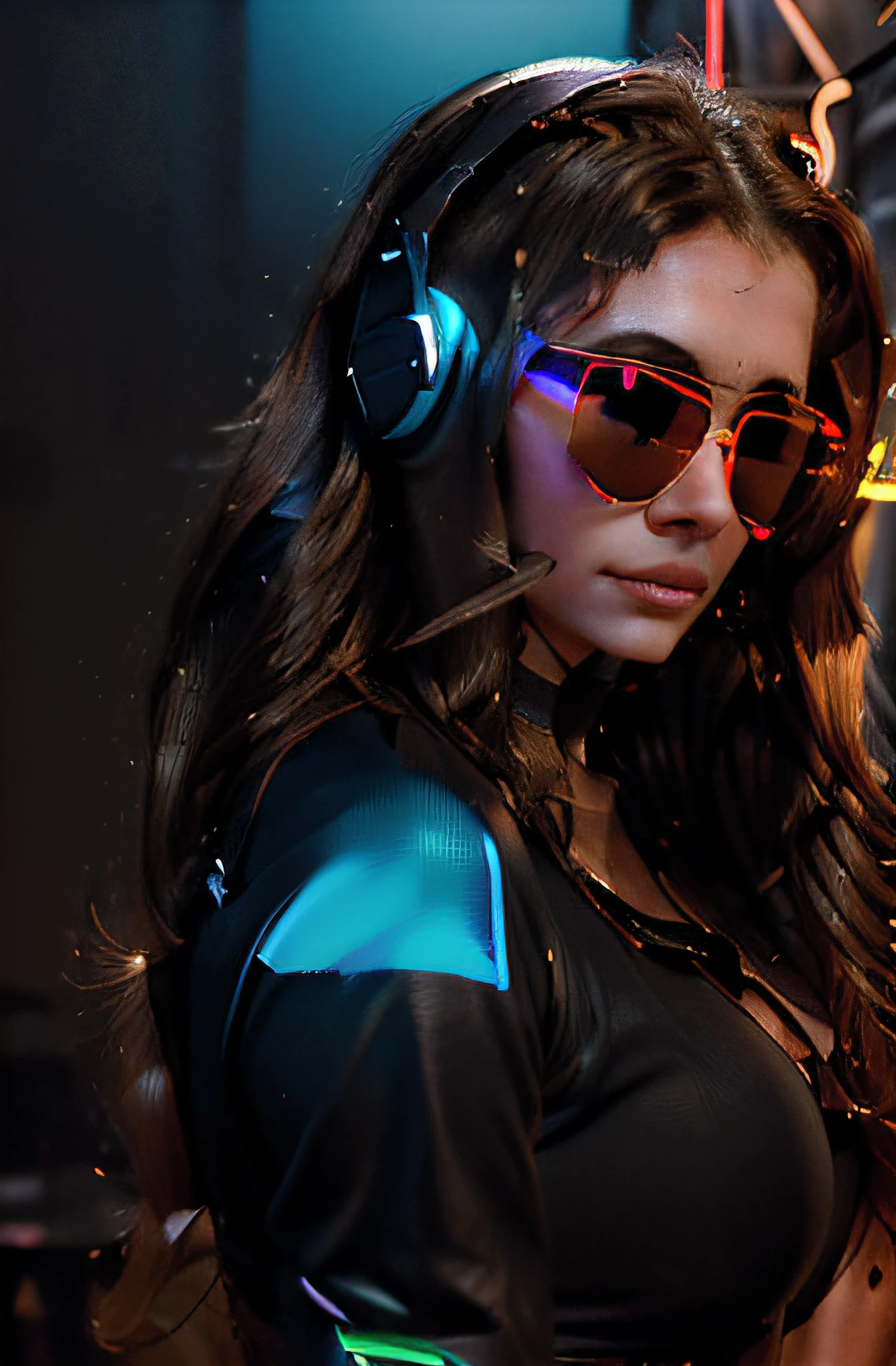 (brown long curly hair, beautiful woman, sunglasses, full size headphones, dark room, neon cyberpunk at night, coordinator neon glow, ultra-detailed, photo-realistic:1.37), portraits, vivid colors, studio lighting