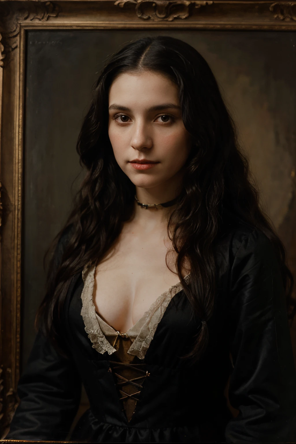 Portrait of a Vampire Woman, Long black curly hair, Dressed as an American colonizer 17th century, Very Young Woman, 17th oil painting