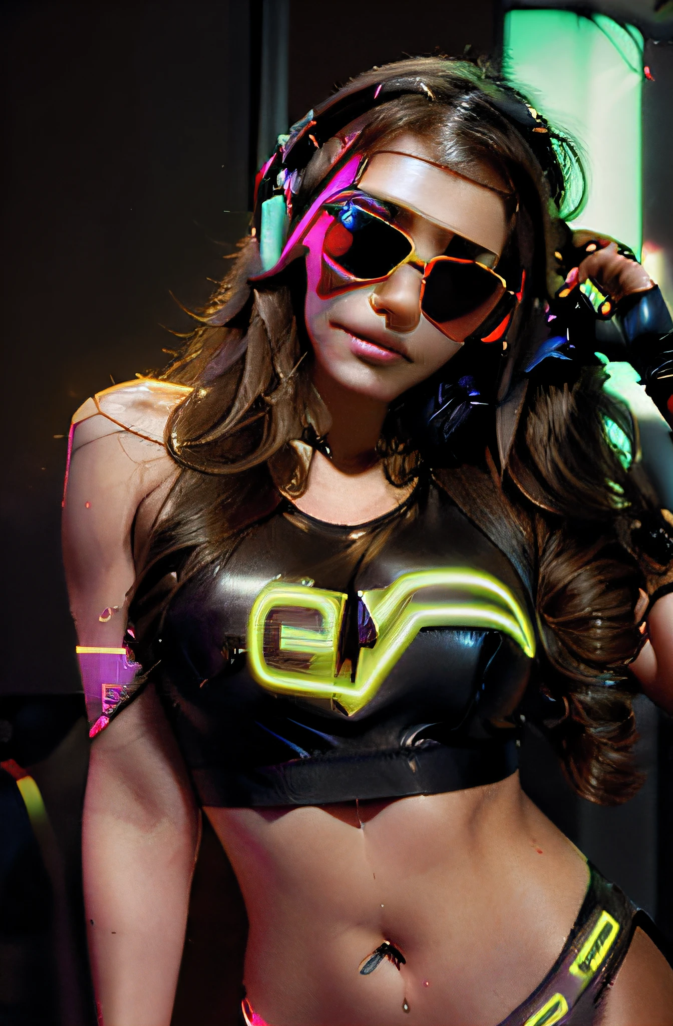 (brown long curly hair, beautiful woman, sunglasses, full size headphones, dark room, neon cyberpunk at night, coordinator neon glow, ultra-detailed, photo-realistic:1.37), portraits, vivid colors, studio lighting