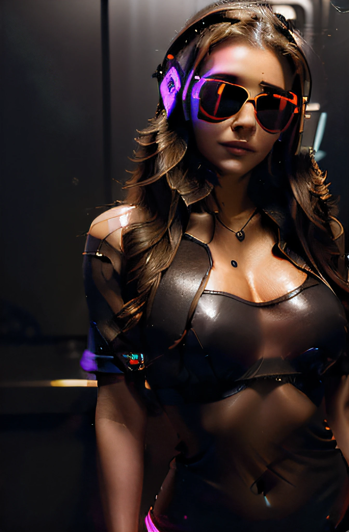 (brown long curly hair, beautiful woman, sunglasses, full size headphones, dark room, neon cyberpunk at night, coordinator neon glow, ultra-detailed, photo-realistic:1.37), portraits, vivid colors, studio lighting