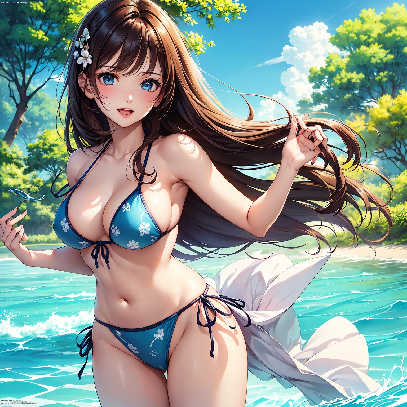 (top-quality、masterpiece、very high res、An ultra-high picture quality、High quality pixels)、(She is an extremely beautiful woman、And she is 18 years old、1 person、Single、独奏:1.5)、(She is a very beautiful woman with a beautiful face)、(Beautiful face written in detail,Beautiful body,Eyes with a strong will,Beautiful eyes,Beautiful hair,Beautiful skin texture)、(Beautiful hair quality,Variety of hairstyles)、(Slender body and beautiful breasts)、(Lovely smile,Open mouth)、(Wearing a bikini swimsuit,String bikini,patterned bikini,Outdoor pool,Beautiful blue sky),(model poses,modelshoot,Magazine shooting,Hair flutters under the influence of the wind),The wind is blowing、Beautiful Art Style,an animated character、(The whole picture、Detailed picture、accurate anatomy、Defect-free images、extremely detailed picture、Accurate images、image perfect)、(Best Shot Photo 1.2)