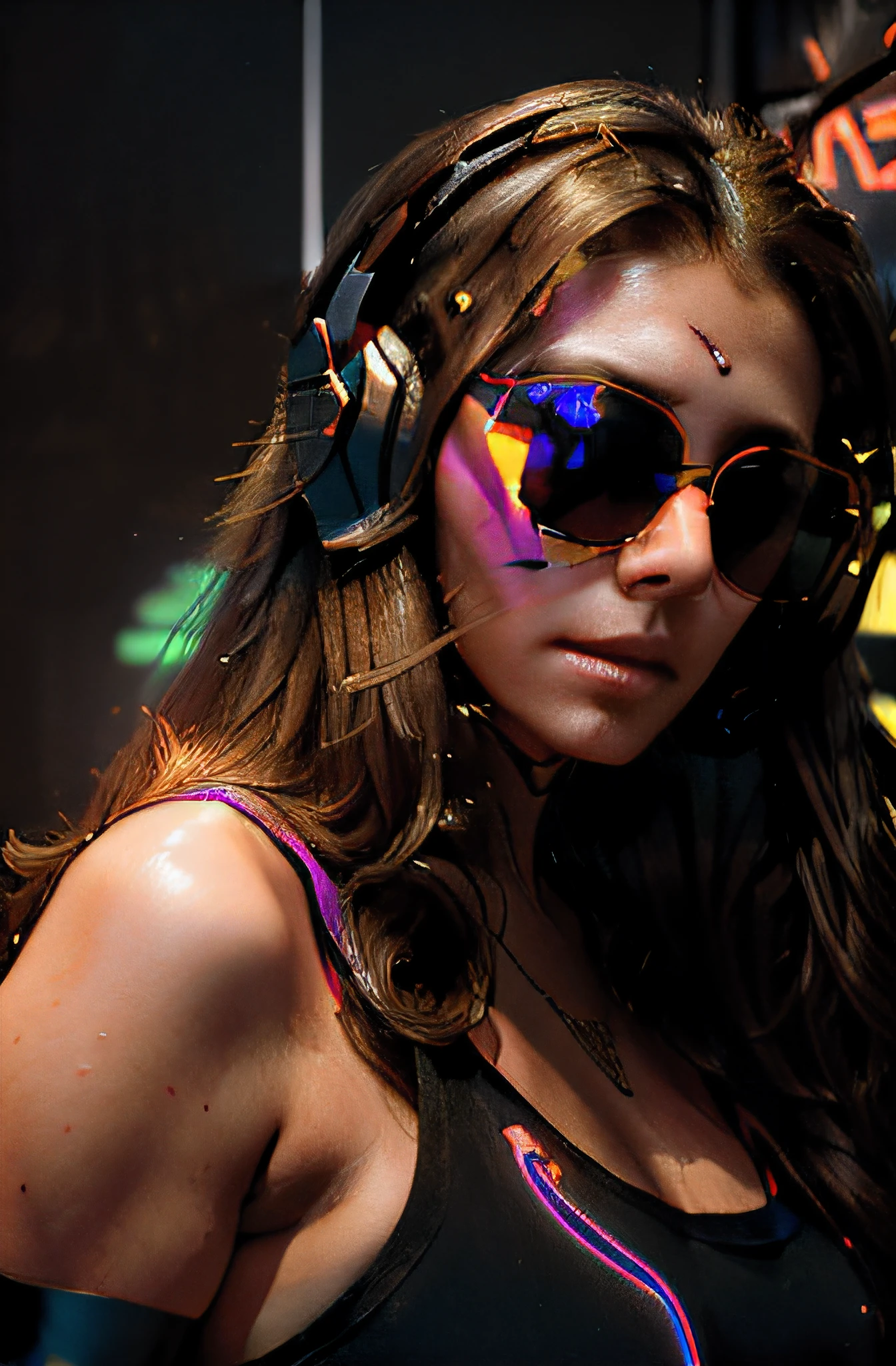 (brown long curly hair, beautiful woman, sunglasses, full size headphones, dark room, neon cyberpunk at night, coordinator neon glow, ultra-detailed, photo-realistic:1.37), portraits, vivid colors, studio lighting