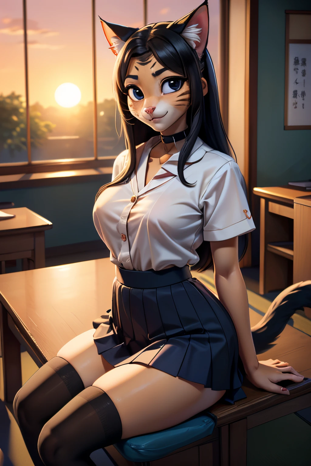 ((ultra quality)), ((tmasterpiece)), Girl-khajiit, Japanese school girl, anthro cat, furry, ((Black long hair)), ((there are only cat ears)), ((There is a cat's long tail in the back)), Beautiful cute face, beautiful female lips, charming beauty, ((Kind expression on his face)), looks at the camera with his eyes slightly closed, ((Skin color: white)), ((there is cat hair on the body)), Body glare, ((detailed beautiful female eyes)), ((kblack eyes)), beautiful female hands, ((perfect female figure)), ideal female body shapes, Beautiful waist, big thighs, Beautiful butt, ((Subtle and beautiful)), standing seductively by the window ((bottom perspective close up)), ((Dressed in Japanese school uniform, dark blue skirt, dark blue knee socks, brown shoes, black choker around the neck), background: The Japanese School, Japanese School Class, beautiful sunset outside, ((Depth of field)), ((high quality clear image)), ((crisp details)), ((higly detailed)), Realistic, Professional Photo Session, ((Clear Focus)), ((cartoon)), the anime, NSFW