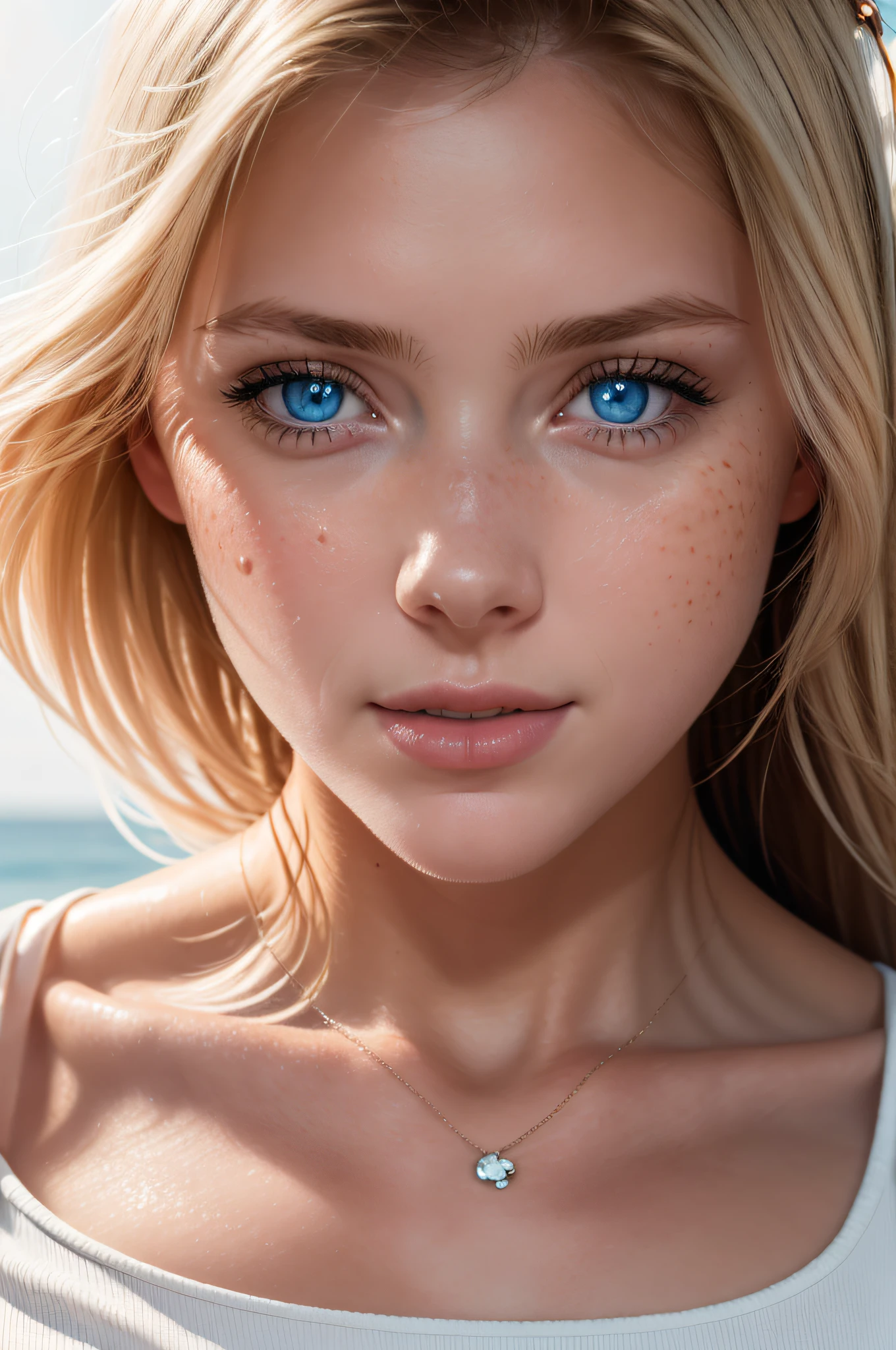 blond woman with blue eyes and a white top on the beach, woman's face looking off camera, soft portrait shot 8 k, portrait of a 25 years old women, close up portrait, woman with freckles, full close-up portrait, detailed face of a woman, close up portrait of woman, close-up portrait film still, close - up portrait shot