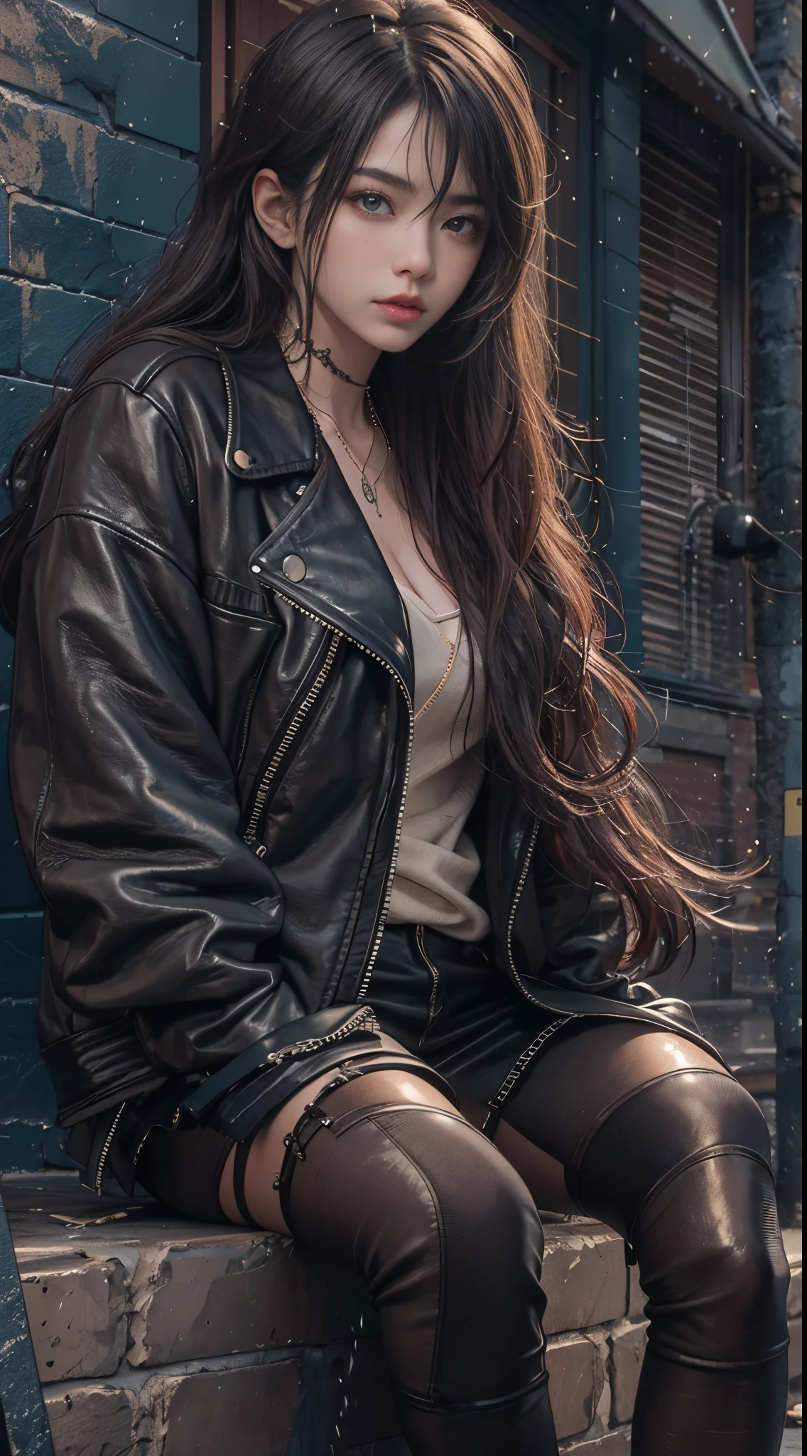 8k, top-quality, (pubic hair beauty)、hight resolution, 逼真, realperson, rainy backyard alley, London Style, Tangled, cinematic lighting soft lighting、A musician wearing a leather jacket is sitting and glaring at me.、a beauty girl、huge tit、beauty legs、