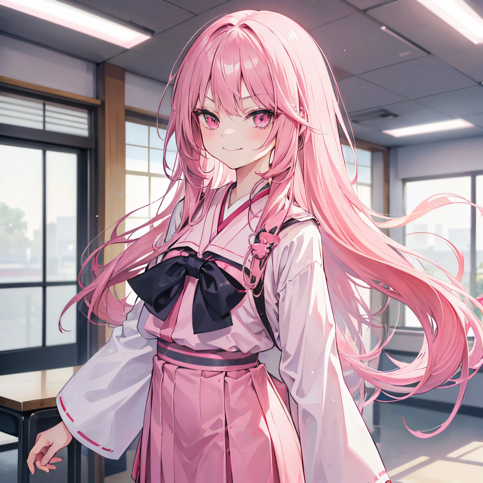 1 girl, solo, long hair((hair is pink)), pink eyes, school uniform((Japanese style)), blurry background((Japanese style classroom)), looking at viewer((cocky facial expressions, smirking))