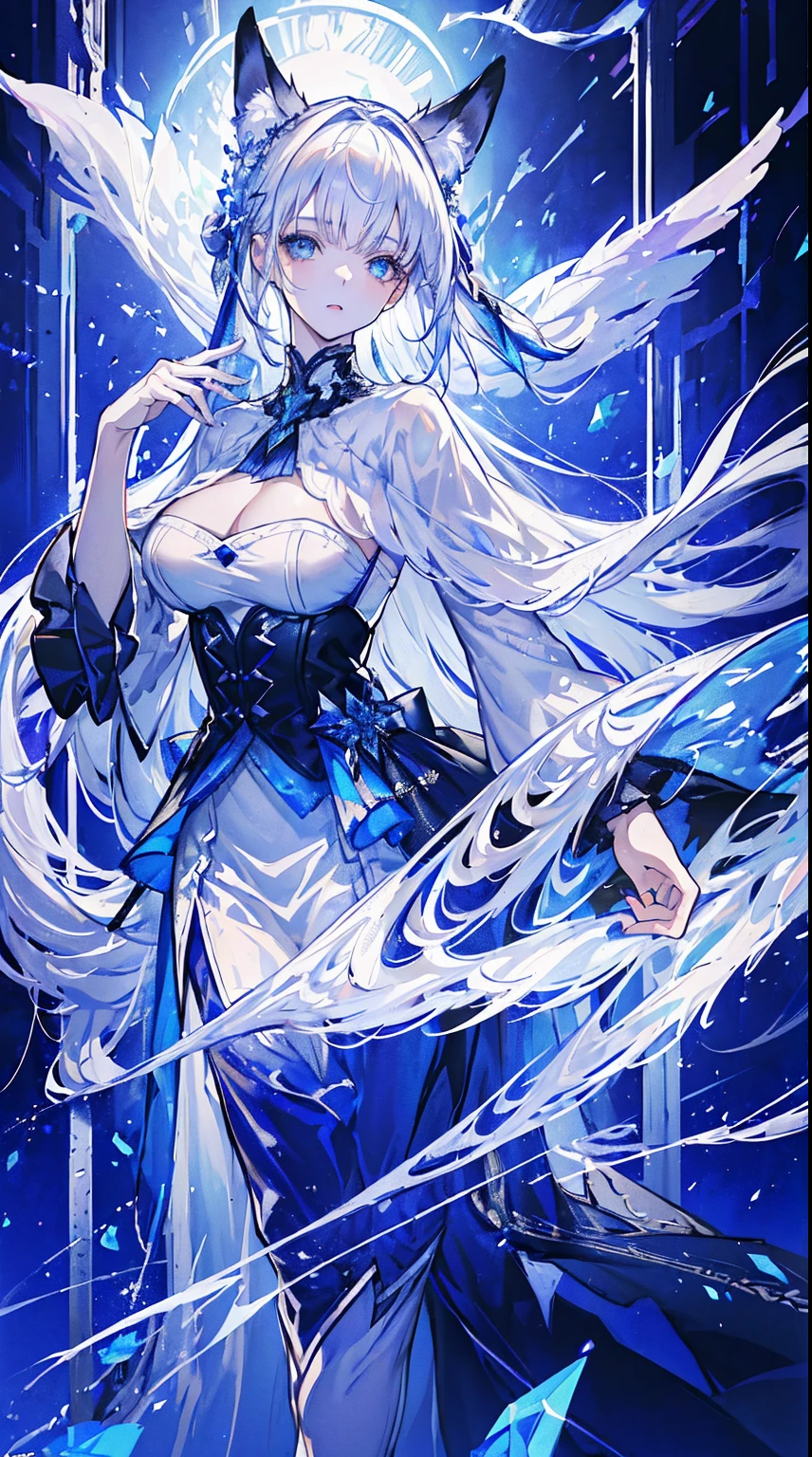 Long blue silver-white hair,White clothes that match blue,Royal sister,The chest is large,Low-cut clothing,The cleavage is exposed,blue color eyes