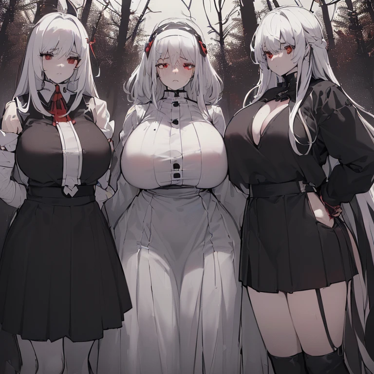 ((4 women, of different sizes,((bandages on the breasts, mini skirt, breasts big,((very large black and white hair, black and red eyes, hopeless face)),((standing, 1 arm behind from the back)),in a haunted forest, at night,