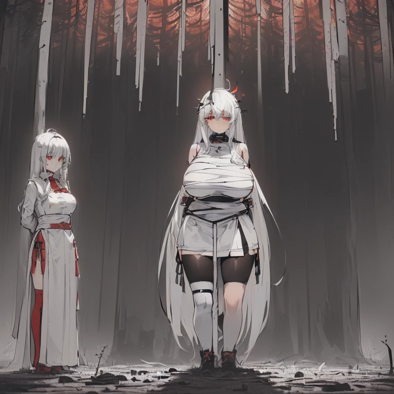 ((4 women, of different sizes,((bandages on the breasts, mini skirt, breasts big,((very large black and white hair, black and red eyes, hopeless face)),((standing, 1 arm behind from the back)),in a haunted forest, at night,
