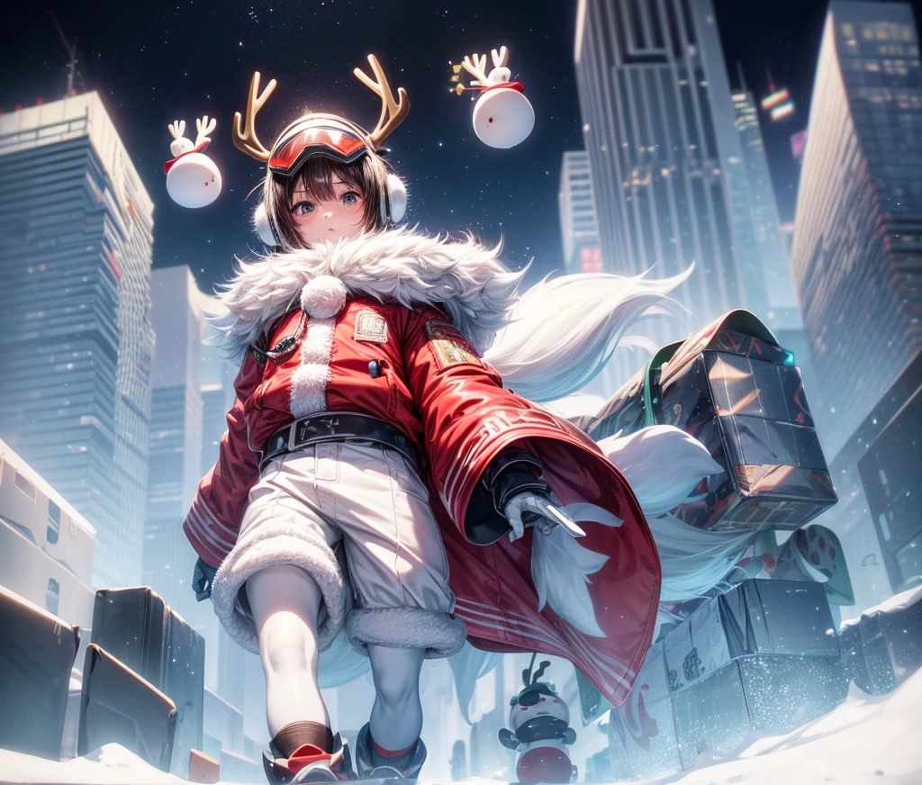 Reindeer, (blind box toy style:1.2), nuttcraker toy, (Full Body Shot) , 1 Transparent Santa claus, Behind him is a snowman and reindeer, snowflakes, Transparent mecha, Exquisite Helmet:1.2, glowing goggles:1.2, Cyberpunk, Dreamy Glow, Luminous neon lamp, clean, white background, ( Global illumination, raytracing, HDR, unreal render,reasonable design, high detailed, masterpiece, best quality, UHD, Cinematic Lighting)
