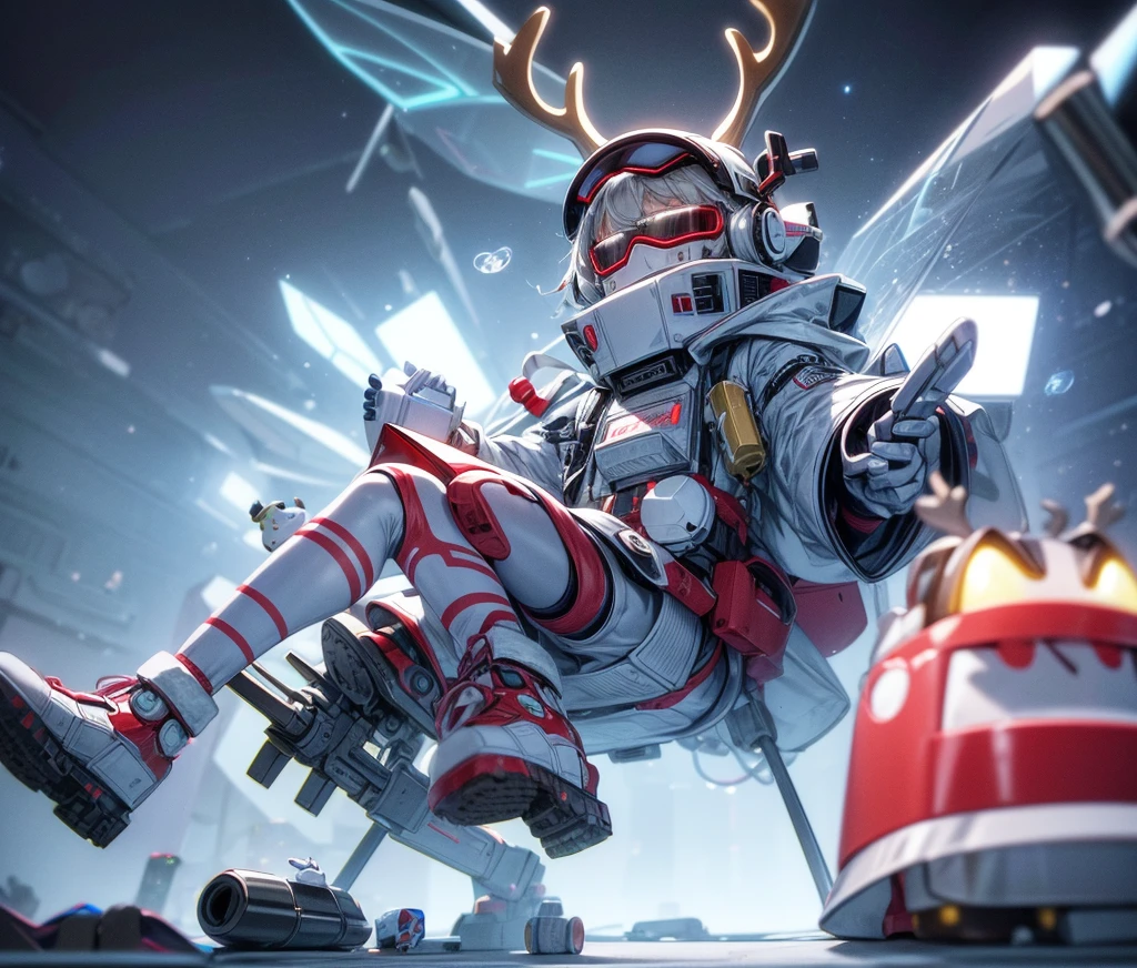 Reindeer, (blind box toy style:1.2), nuttcraker toy, (Full Body Shot) , 1 Transparent Santa claus, Behind him is a snowman and reindeer, snowflakes, Transparent mecha, Exquisite Helmet:1.2, glowing goggles:1.2, Cyberpunk, Dreamy Glow, Luminous neon lamp, clean, white background, ( Global illumination, raytracing, HDR, unreal render,reasonable design, high detailed, masterpiece, best quality, UHD, Cinematic Lighting)