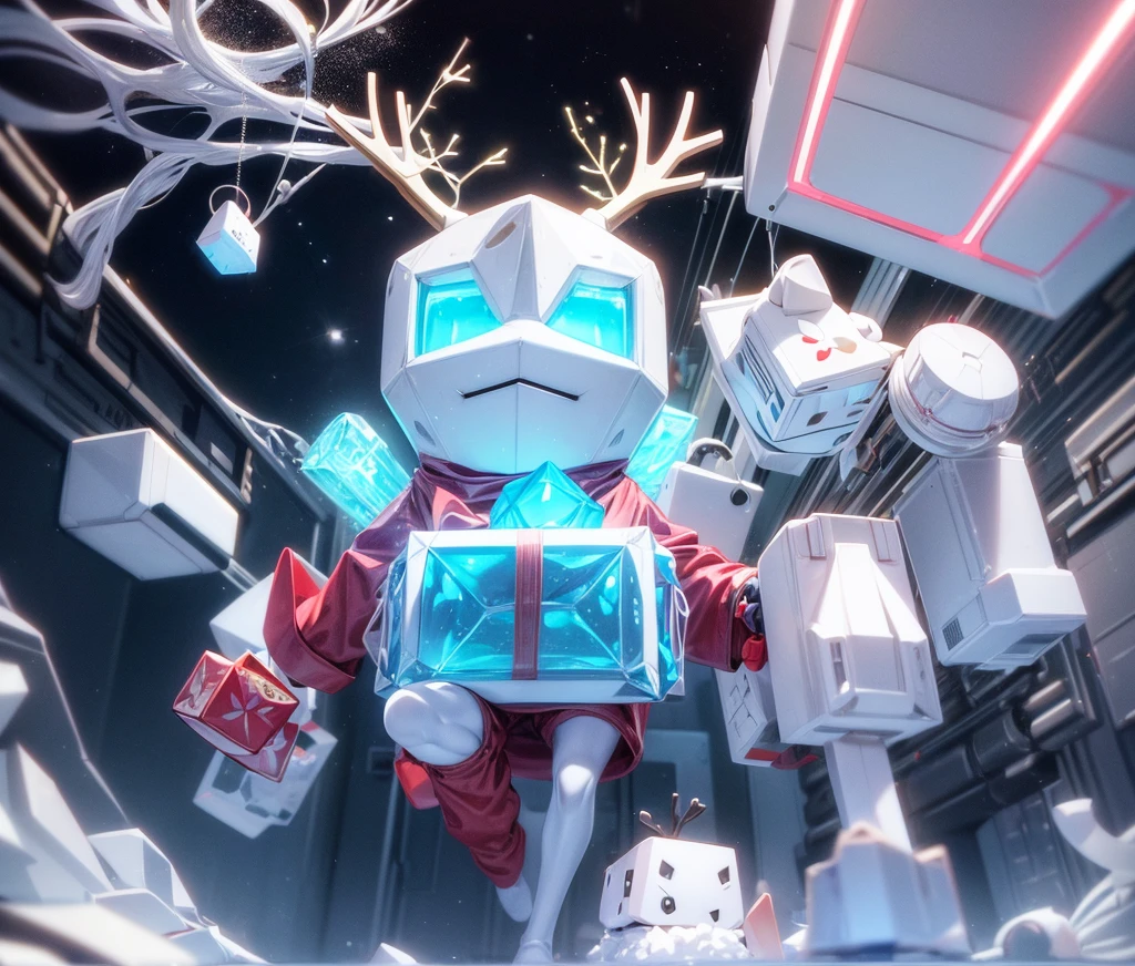 Reindeer, (blind box toy style:1.2), nuttcraker toy, (Full Body Shot) , 1 Transparent Santa claus, Behind him is a snowman and reindeer, snowflakes, Transparent mecha, Exquisite Helmet:1.2, glowing goggles:1.2, Cyberpunk, Dreamy Glow, Luminous neon lamp, clean, white background, ( Global illumination, raytracing, HDR, unreal render,reasonable design, high detailed, masterpiece, best quality, UHD, Cinematic Lighting)