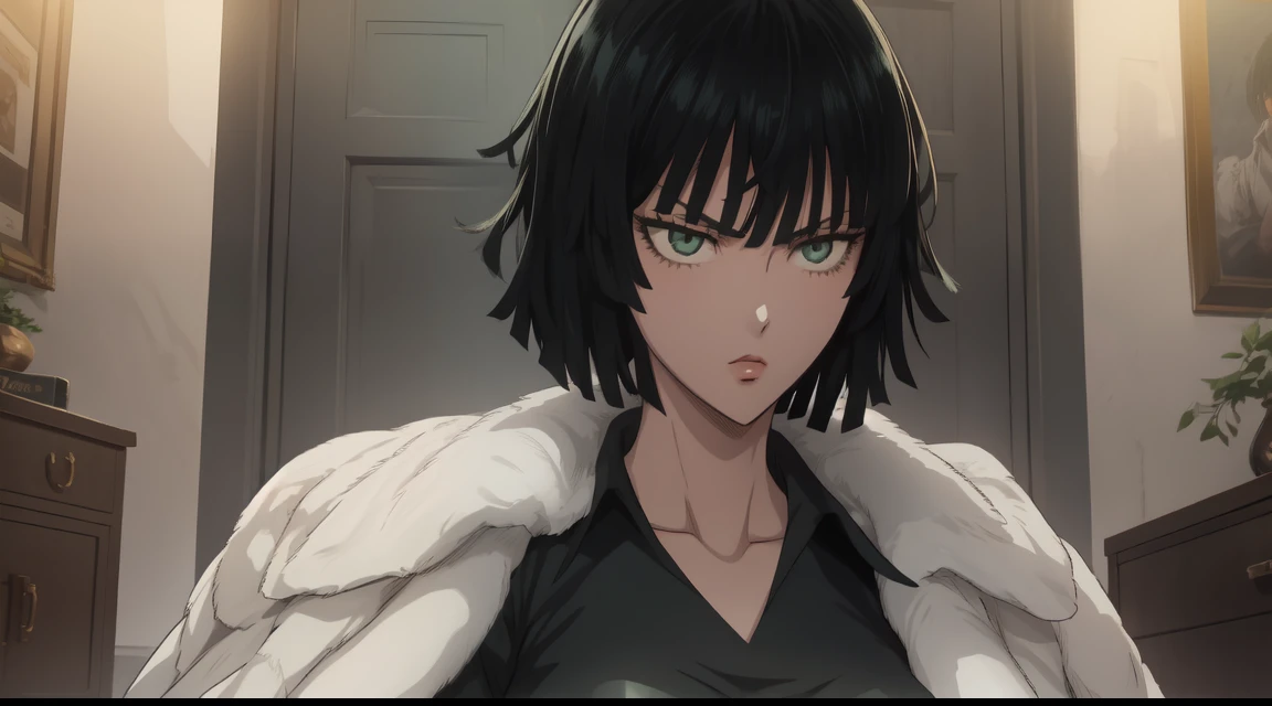 Fubuki from one punch man, deep green hair, wearing dress, sitting on a room, cinematic shadow, cinematic fog, blushing cheeks, blush expression, dynamic pose, big breast, big hips, NSFW, cleavage of boobs