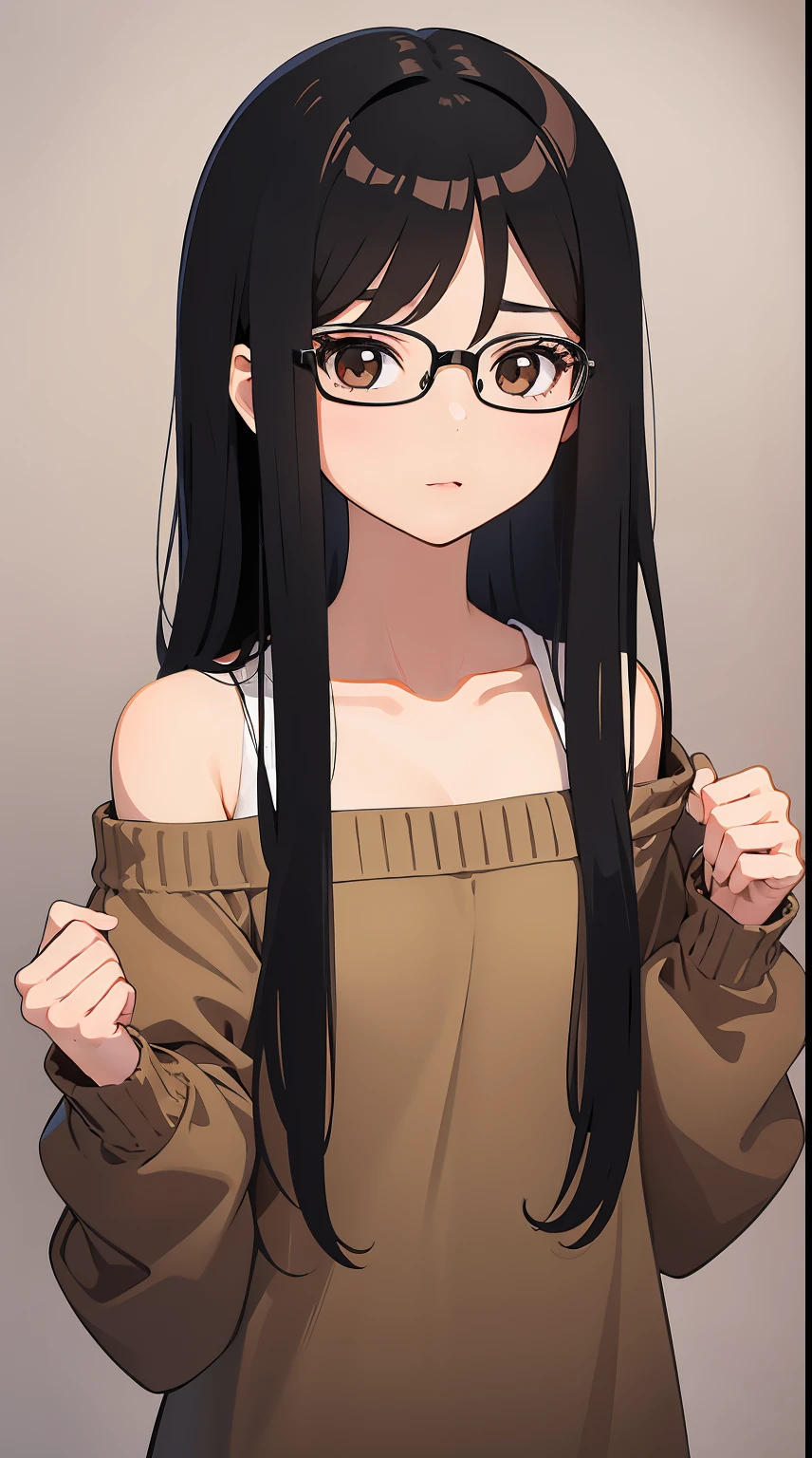 Girl with black straight hair, straight, shoulder lenght. Brown eyes, wearing glasses, hair parted in middle, no bangs