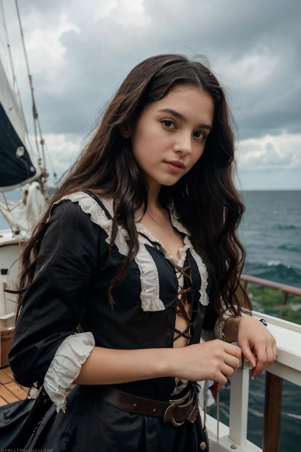 Portrait of a Vampire girl, Long black curly hair, Dressed as an American colonizer 17th century, 11 years old girl, 17th oil painting, 17th ship deck, sailboat, sea with cloudy sky, masterpiece