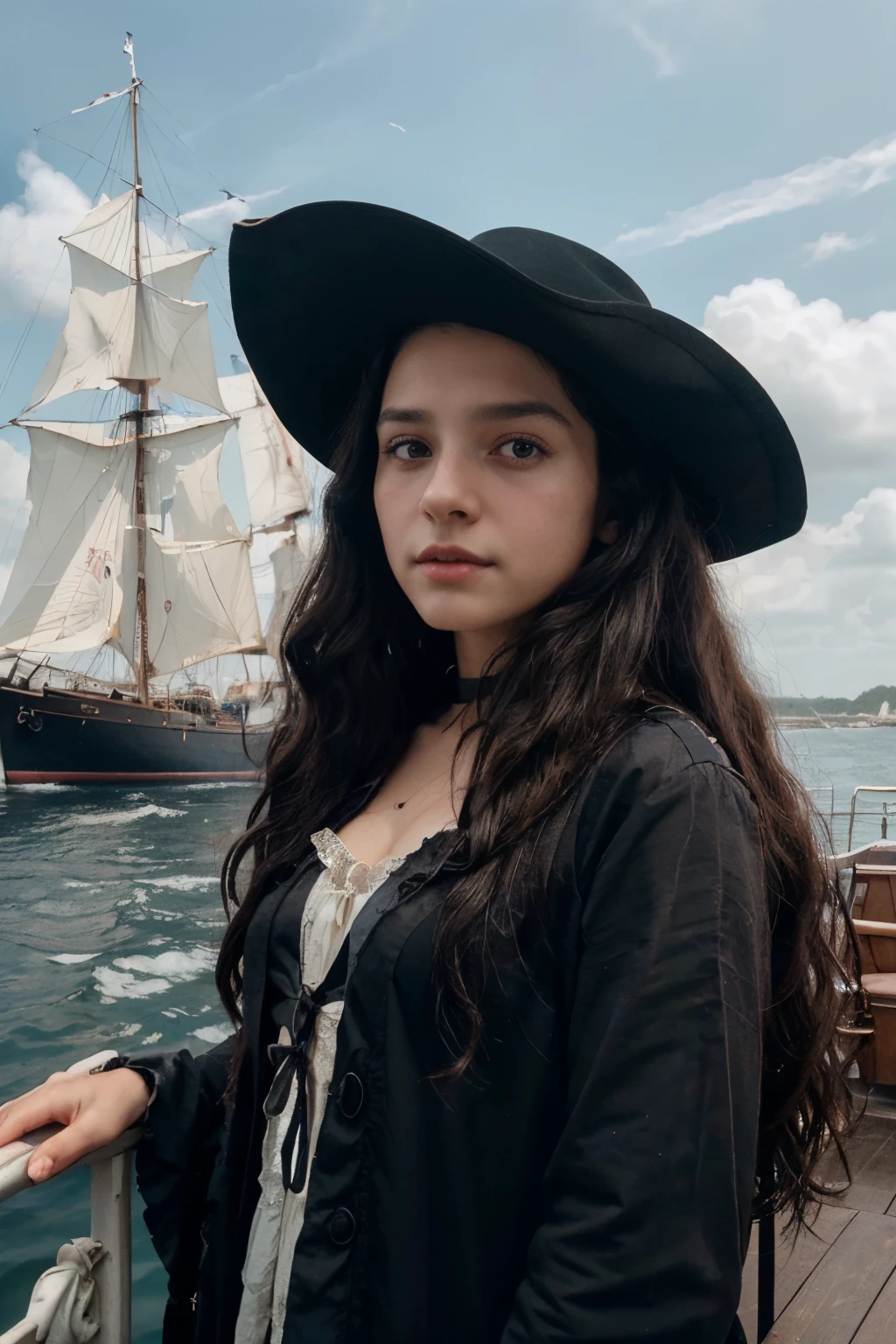 "vampire girl,long black curly hair,dressed as an American colonizer (17th century),11 years old girl,17th oil painting,17th ship deck,sailboat,sea with cloudy sky,masterpiece,(best quality,4k,8k,highres,masterpiece:1.2),ultra-detailed,(realistic,photorealistic,photo-realistic:1.37)"