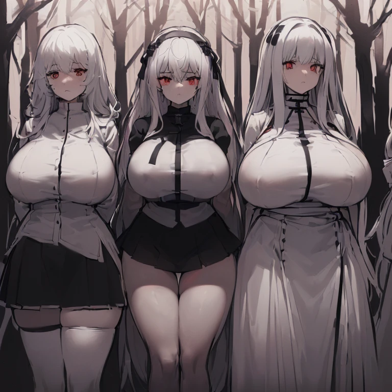 ((4 women, of different sizes,((bandages on the breasts, mini skirt, breasts big,((very large black and white hair, black and red eyes, hopeless face)),((standing, 1 arm behind from the back)),in a haunted forest, at night,