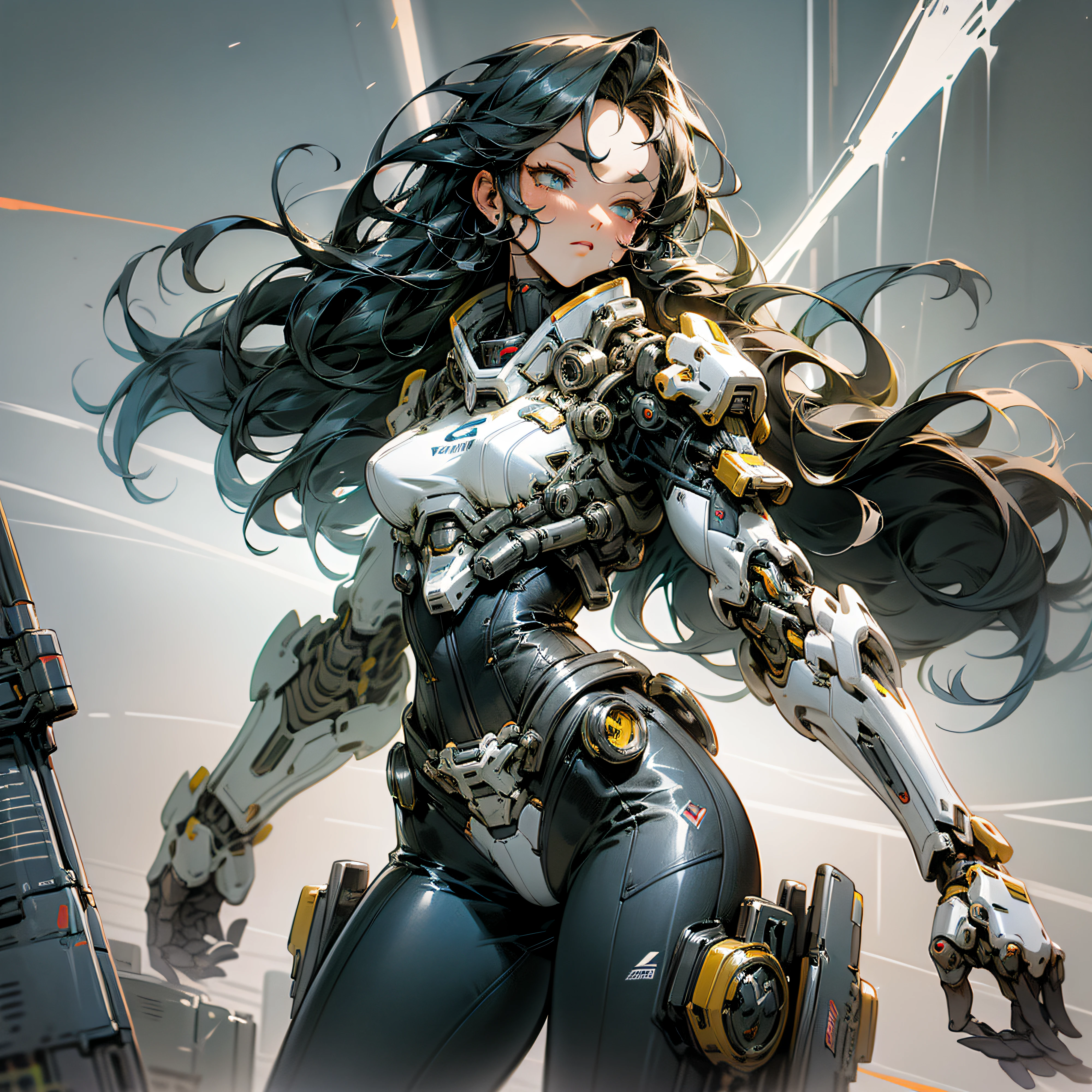 Doomsday Science Fiction City Vision Cyber Style Mechanical Style Female Warrior Cute Metal Mecha Costume Clear Corset Tight Leather Pants Flowing Combat Suit Long Hair Exoskeleton Mecha Forward Convex Back Sci-Fi Aircraft Painted Watercolor Style Colorful Watercolor Brush Strokes Illustration Style --auto --s2