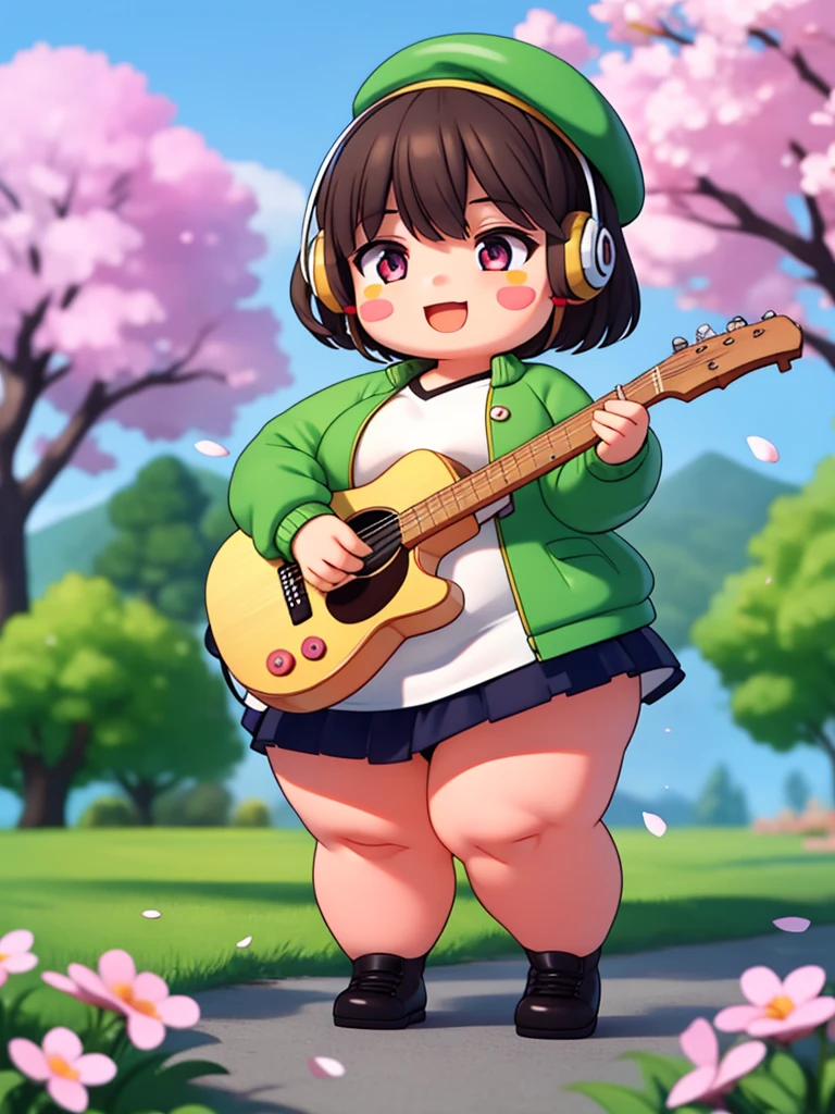 (masterpiece),(best quality),(ultra-detailed), (full body:1.2),
fat 1girl,chibi,cute, smile, open mouth,
flower, outdoors, playing guitar, music, beret, holding guitar, jacket, blush, tree, :3, shirt, short hair, cherry blossoms, green headwear, blurry, brown hair, blush stickers, long sleeves, bangs, headphones, black hair, pink flower, obese
(beautiful detailed face), (beautiful detailed eyes),