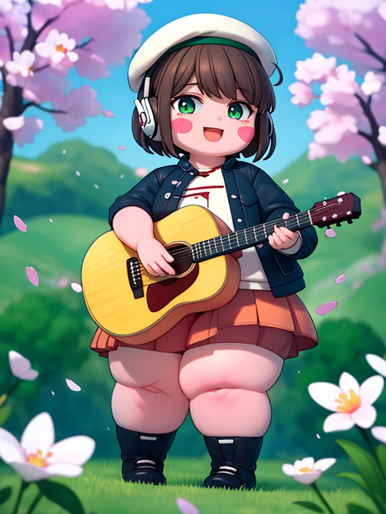 (masterpiece),(best quality),(ultra-detailed), (full body:1.2),
fat 1girl,chibi,cute, smile, open mouth,
flower, outdoors, playing guitar, music, beret, holding guitar, jacket, blush, tree, :3, shirt, short hair, cherry blossoms, green headwear, blurry, brown hair, blush stickers, long sleeves, bangs, headphones, black hair, pink flower, obese
(beautiful detailed face), (beautiful detailed eyes),