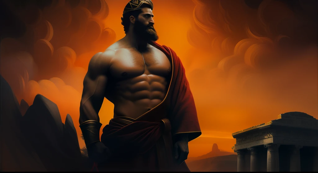 blurred image of a man with a beard and a red robe, Hefesto, O Deus Hefesto, Mito grego pintura digital, Retrato pintado de Zeus acidentado, portrait of demigod hercules, Furioso Deus Zeus, epic scene of zeus, inspirado em Exekias, O Deus Zeus, stoic, epic digital painting, por Exekias