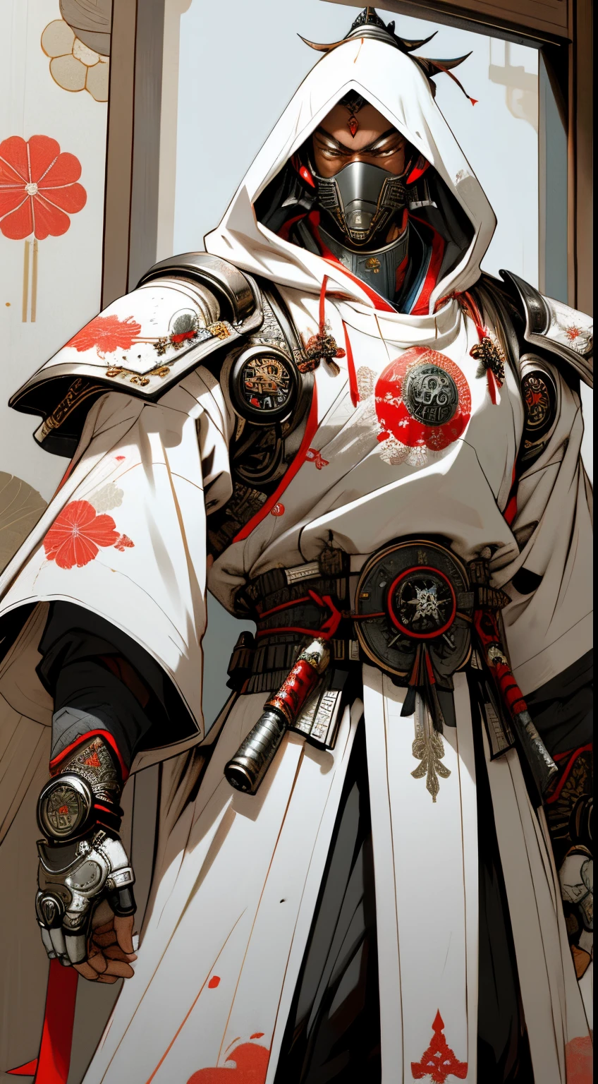 A futuristic samurai knight in white armor and oriental fabric clothing, hood and gears