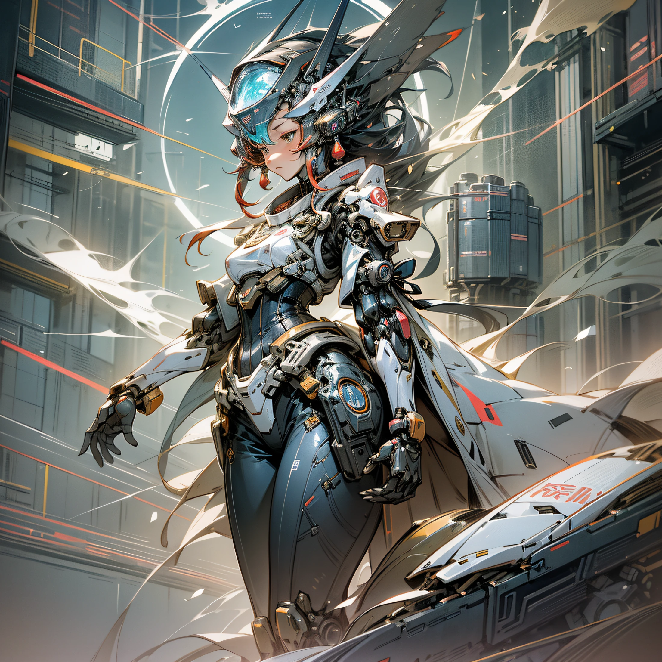 Japanese Science Fiction City Vision Cyber Style Mechanical Style Female Warrior Metal Mecha Wearing Costume Transparent Corset Front Convex Back Upturn Science Fiction Aircraft Painted Watercolor Style Colorful Watercolor Brush Strokes Illustration --auto --s2