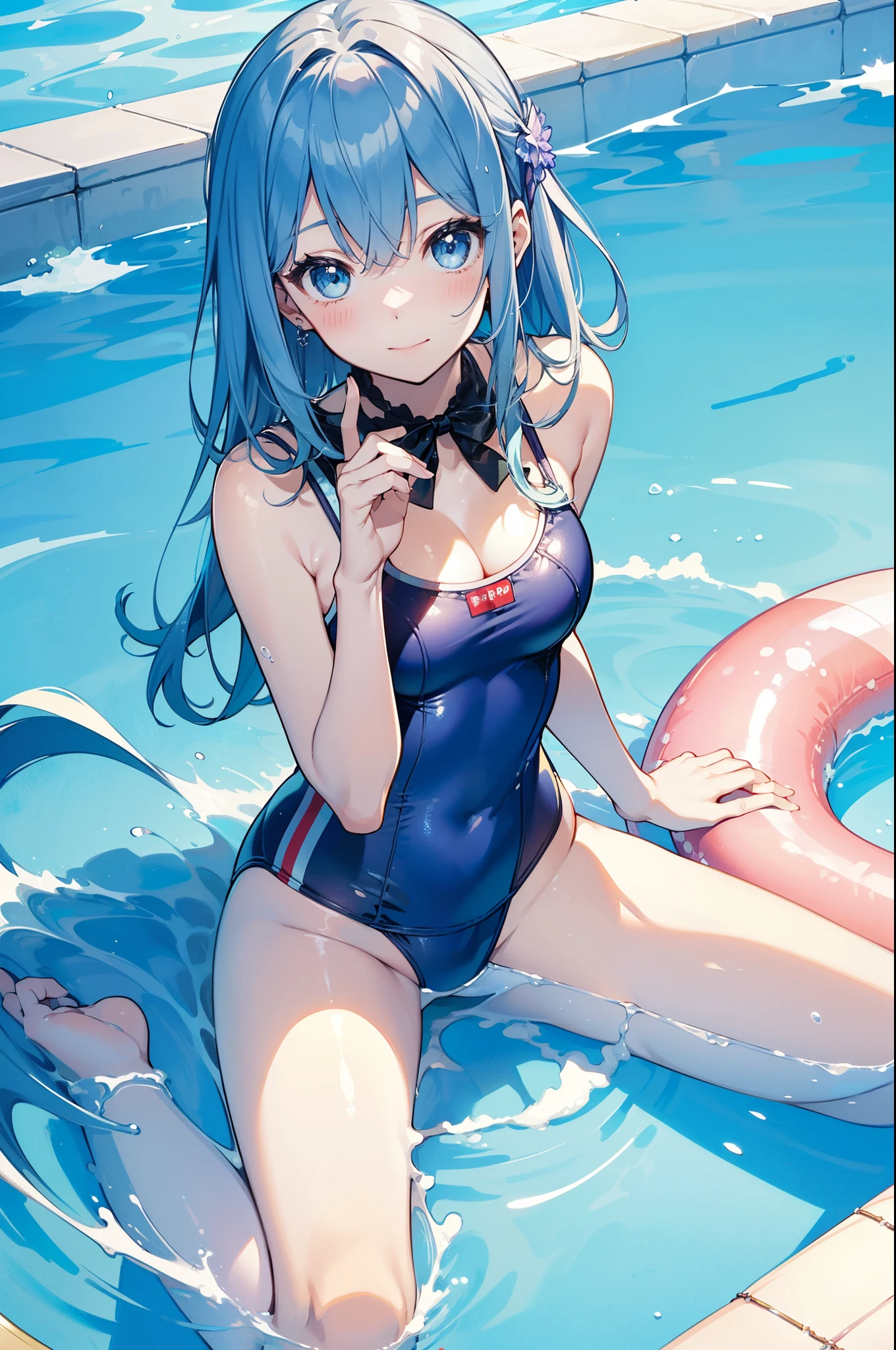 (((2D Beautiful Girl、Beautiful illustration、top-quality、Perfect fingertip、perfect anatomia、Perfect outfit、Beautiful illustration)))、top-quality、cute petit girl、(transform sequence)、((very beautiful swimsuit))、18year old、Slender beautiful girl、Fractal Art、-facetright long hair))、beautiful detailed blue eyes、kindly smile、Full Body Display、Royal Palace Pool、（1人）、Bright and beautiful sunny pool、frilld、Large ribbon、Swimsuit wet with lotion、according to、