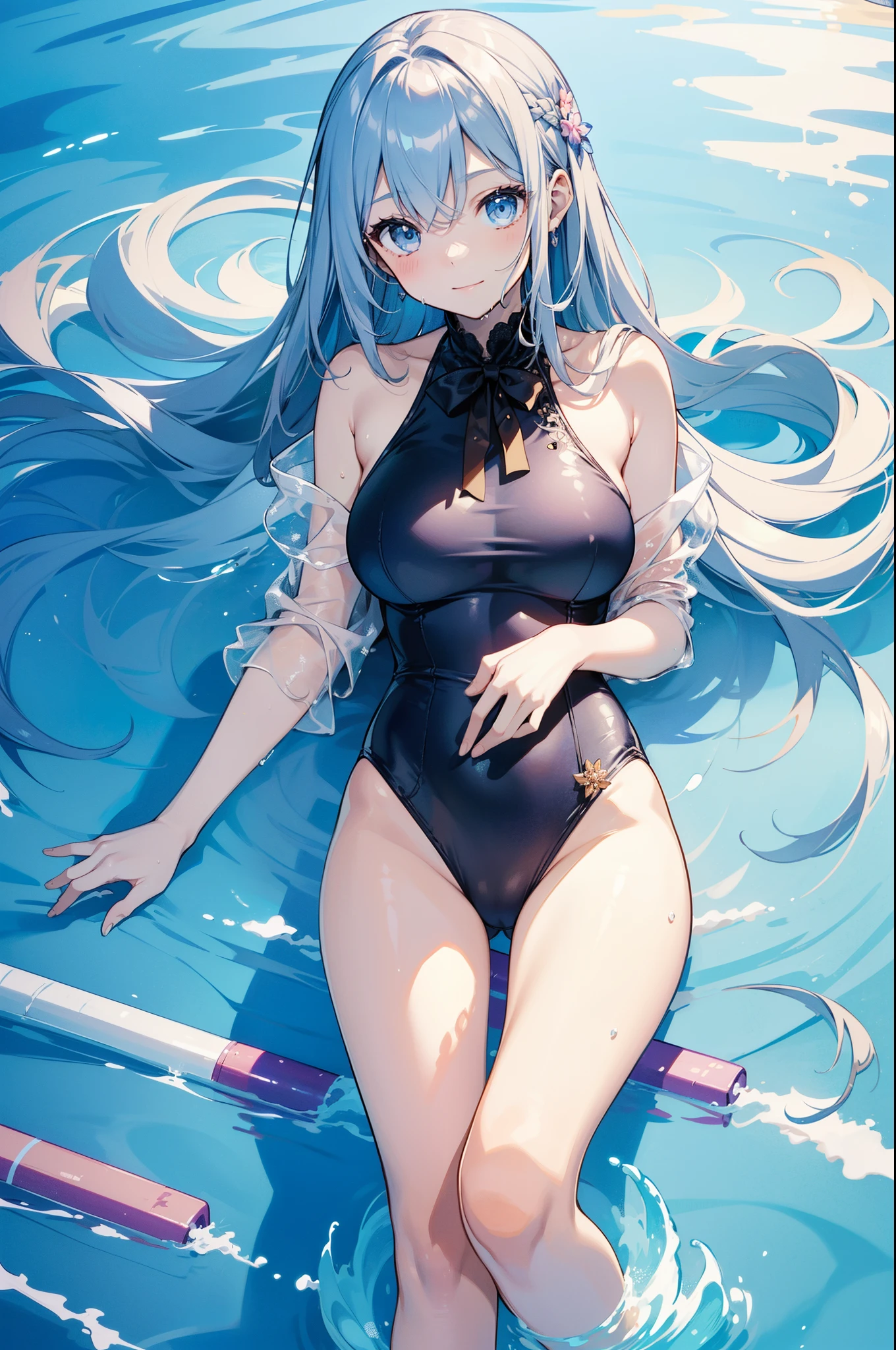 (((2D Beautiful Girl、Beautiful illustration、top-quality、Perfect fingertip、perfect anatomia、Perfect outfit、Beautiful illustration)))、top-quality、cute petit girl、(transform sequence)、((very beautiful swimsuit))、18year old、Slender beautiful girl、Fractal Art、baby-face、((stright long hair))、beautiful detailed blue eyes、kindly smile、Full Body Display、Royal Palace Pool、(1人)、Bright and beautiful sunny pool、frilld、Large ribbon、Swimsuit wet with lotion、according to、