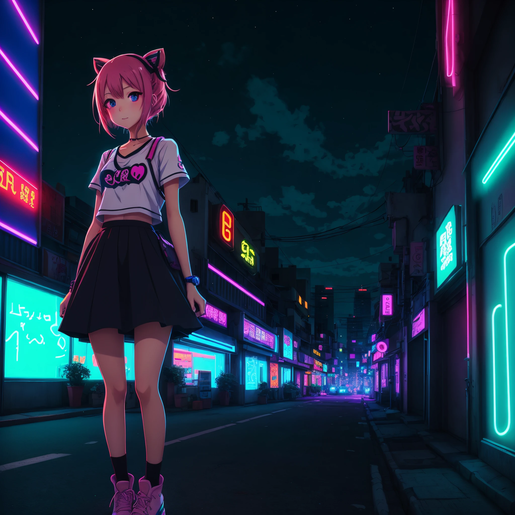 kawaii anime girl in a neon city, vivid neon lights, night city