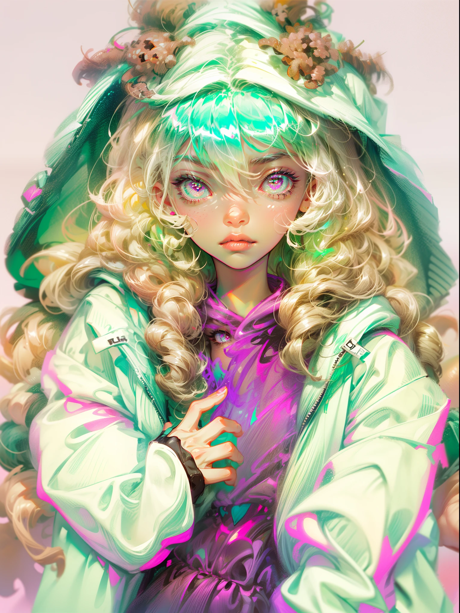 1girl, solo, solo focus, cowboy shot, portrait, oversized hoodie, aqua green and white hoodie, half aqua, half green, ((brown hair)), (yellow hair), (gradient hair :1.5), curly hair, ((pink eyes)), hyperdetailed eyes, tan, (caramel dark skin:1.1), best quality, ultra-detailed, white background, simple background