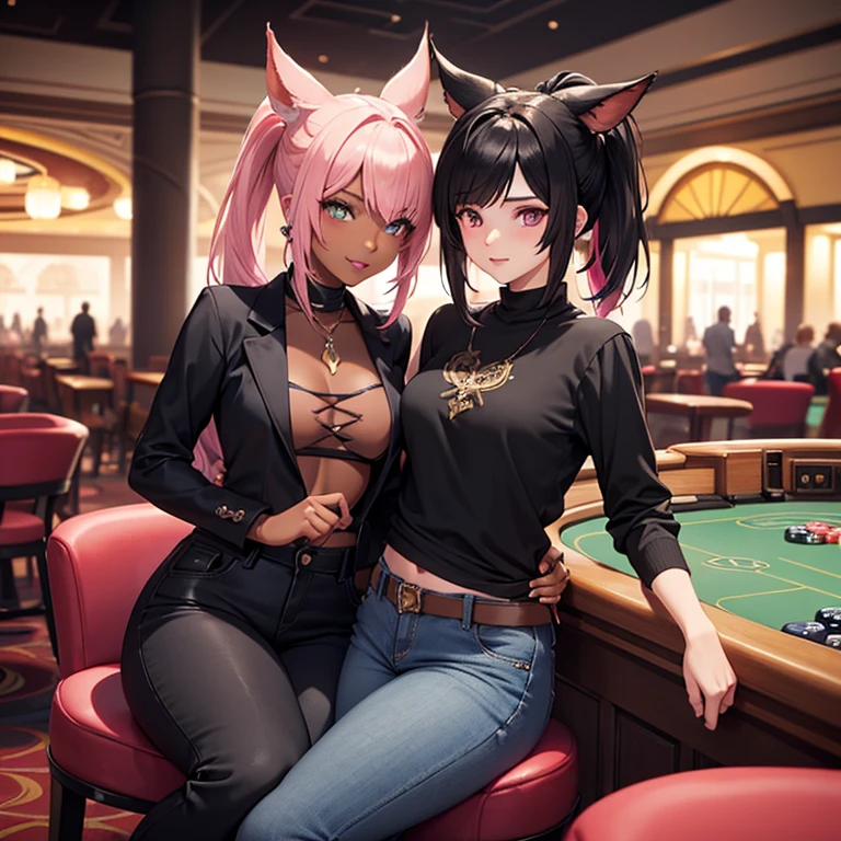 A Miqo'te, character from Final Fantasy 14, Black hair with pink highlights, cyan eyes, Ponytail, black skin tone, wears jeans and a black top, in a casino,