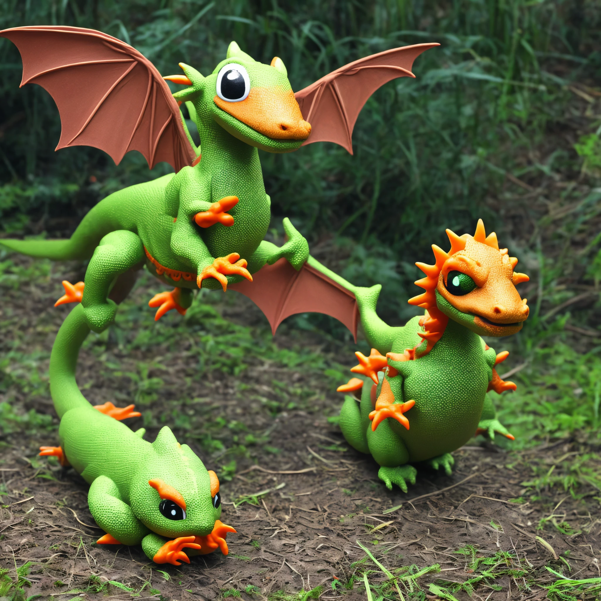 The little chubby dragon has short arms and legs. It is light green and light orange. It has small wings and is flying round.