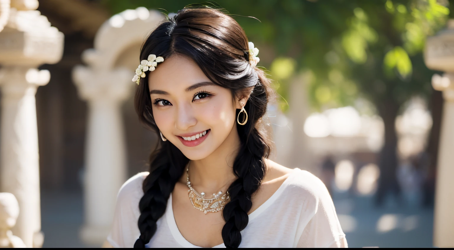 Masterpiece, highest quality, realistic, very fine and fine details, high resolution, 8K wallpapers), 1 beautiful woman, Korean, bright smile, long black hair, sharp focus, medium breasts, brown eyes, beautiful eyes, detailed and realistic Skin texture, height 170, necklace, clover earrings, front shot, figure, neat attire, headband, temple, shame, smile, shoes, fantastic, angelic, mental sphere, portrait, hair braid, jeans, t-shirt,jy_piece