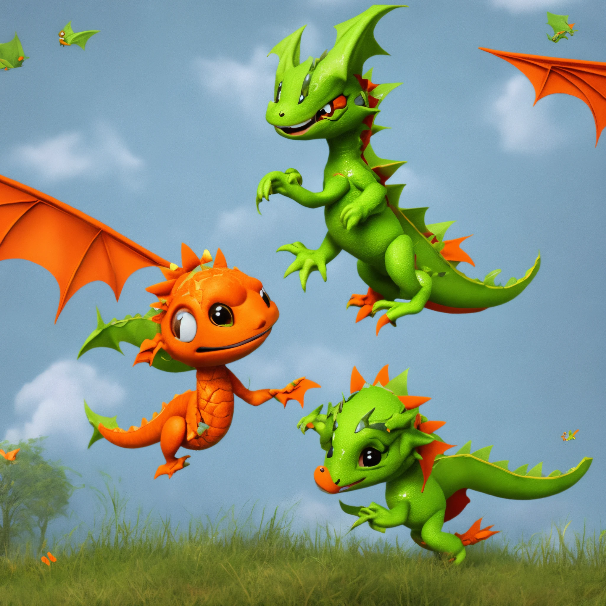 The little chubby dragon has short arms and legs. It is light green and light orange. It has small wings and is flying round.