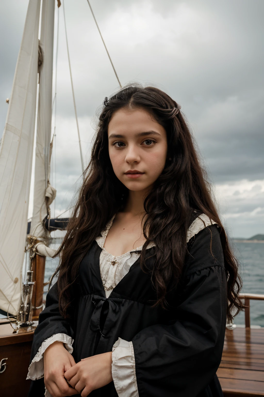 Portrait of a Vampire girl, Long black curly hair, Dressed as an American colonizer 17th century, girl, 17th oil painting, 17th ship deck, sailboat, sea with cloudy sky, masterpiece