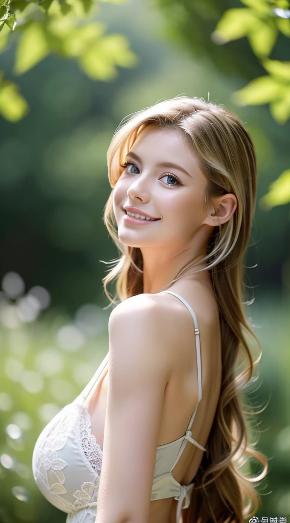 American white woman with unparalleled looks、dark blonde、Twin-tailed、Hair is wavy、The ends of the hair are curled、blue eyess 、A slender、Out of focus background of open meadow in the forest、The sun filtering through the trees is beautiful、a smile、Looking at the camera、Slender but well-proportioned body with large breasts、Posing like a model、Raking up hair、There must be space above the head、Breast bare、Very high definition